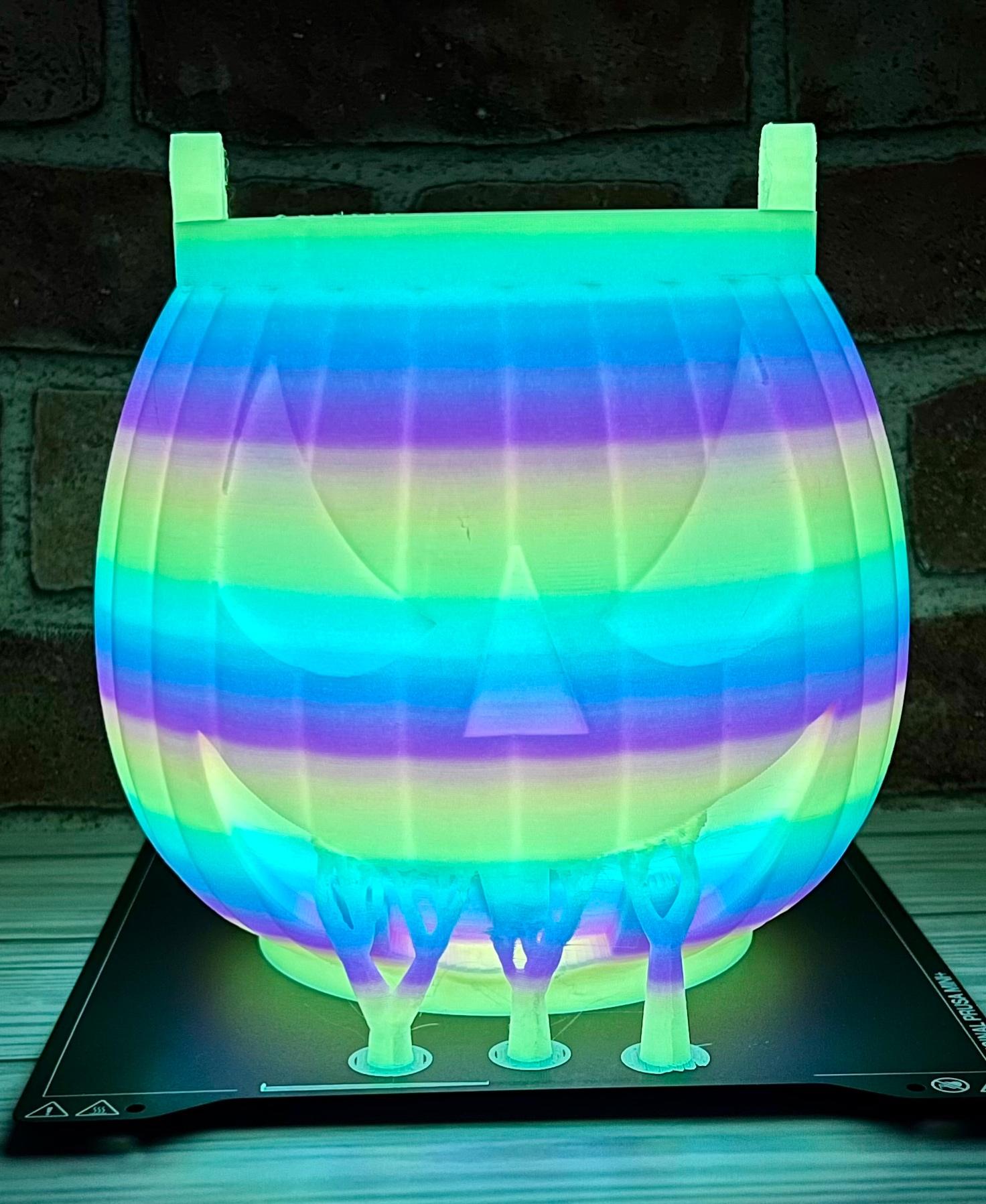 Halloween Candy Bucket with handle - In Polymaker Luminous Rainbow. Scaled and stretched to fit the Prusa Mini+ - 3d model