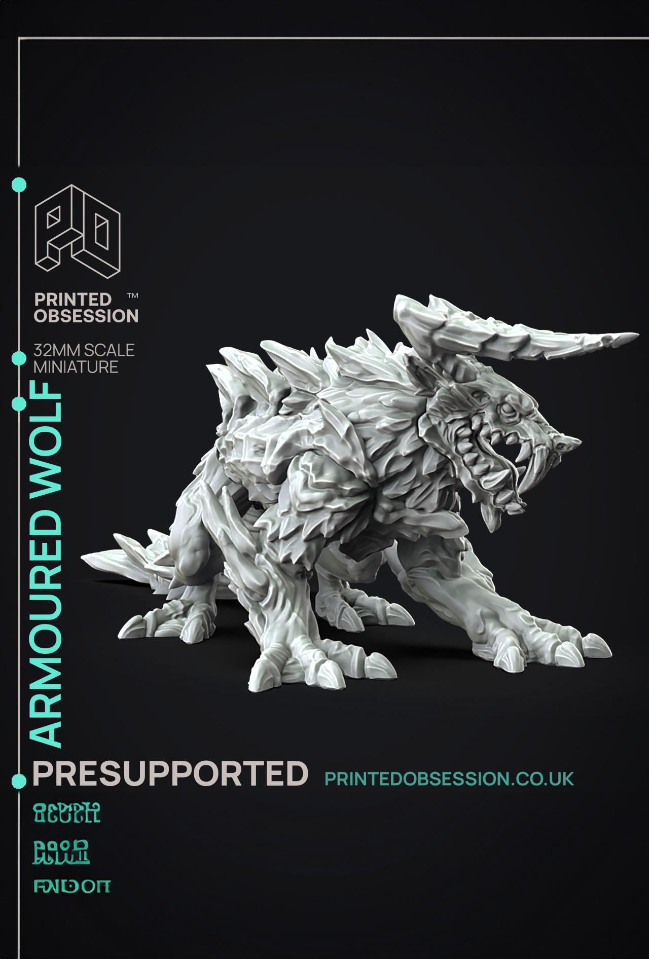 Armoured Wolf - Large Creature - Hunting Party -  PRESUPPORTED - Illustrated and Stats - 32mm scale 3d model