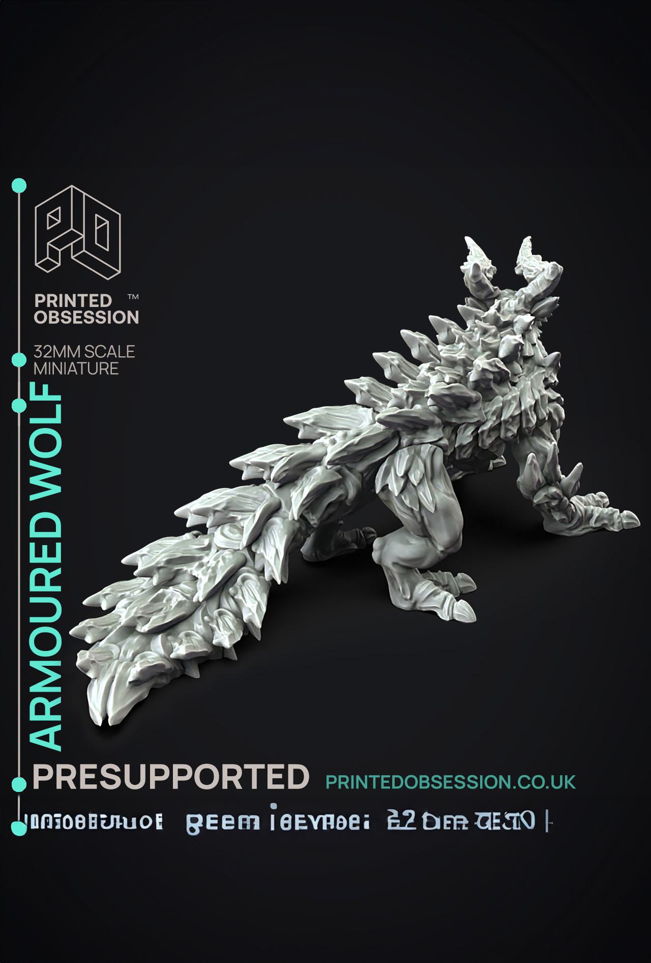 Armoured Wolf - Large Creature - Hunting Party -  PRESUPPORTED - Illustrated and Stats - 32mm scale 3d model