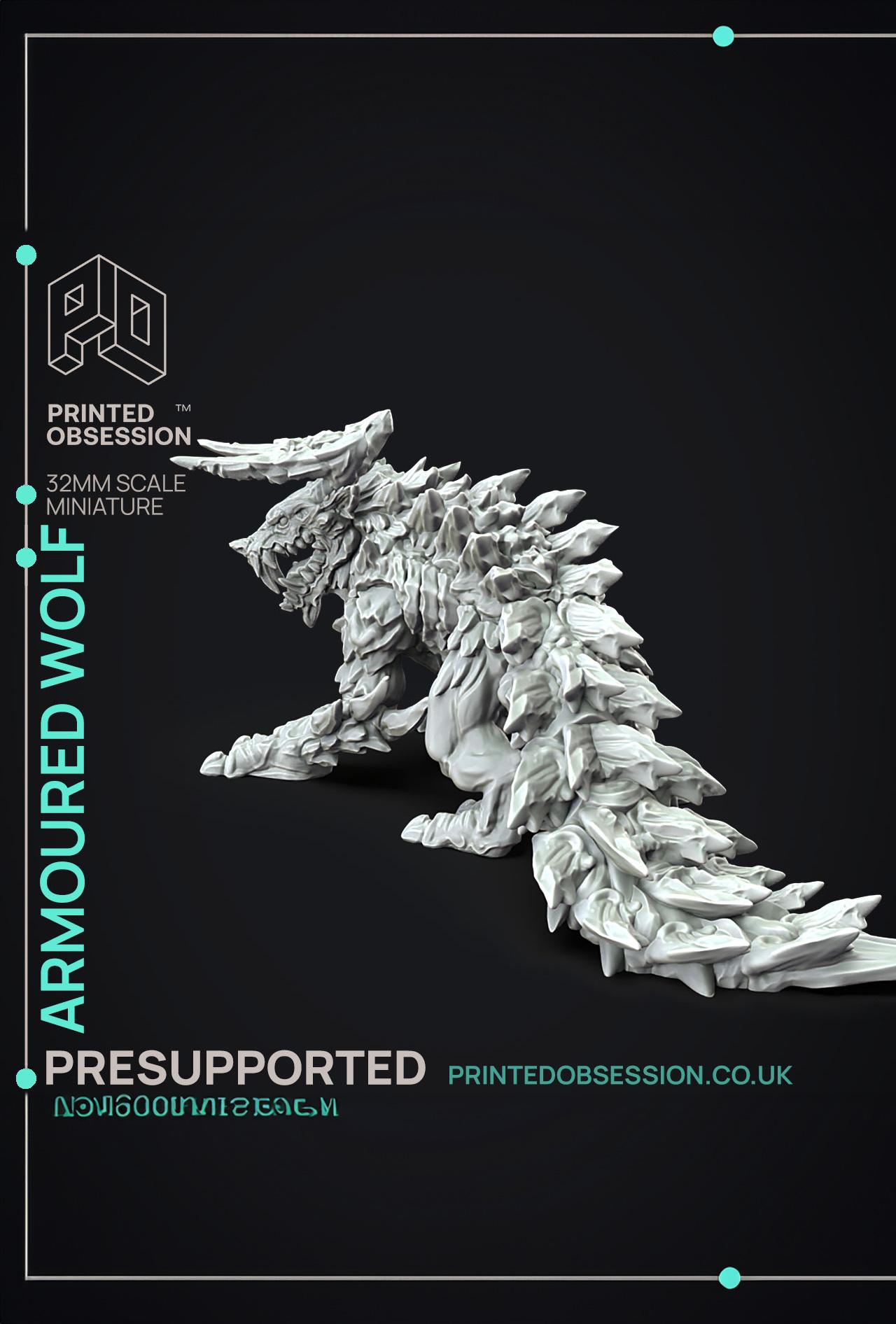 Armoured Wolf - Large Creature - Hunting Party -  PRESUPPORTED - Illustrated and Stats - 32mm scale 3d model