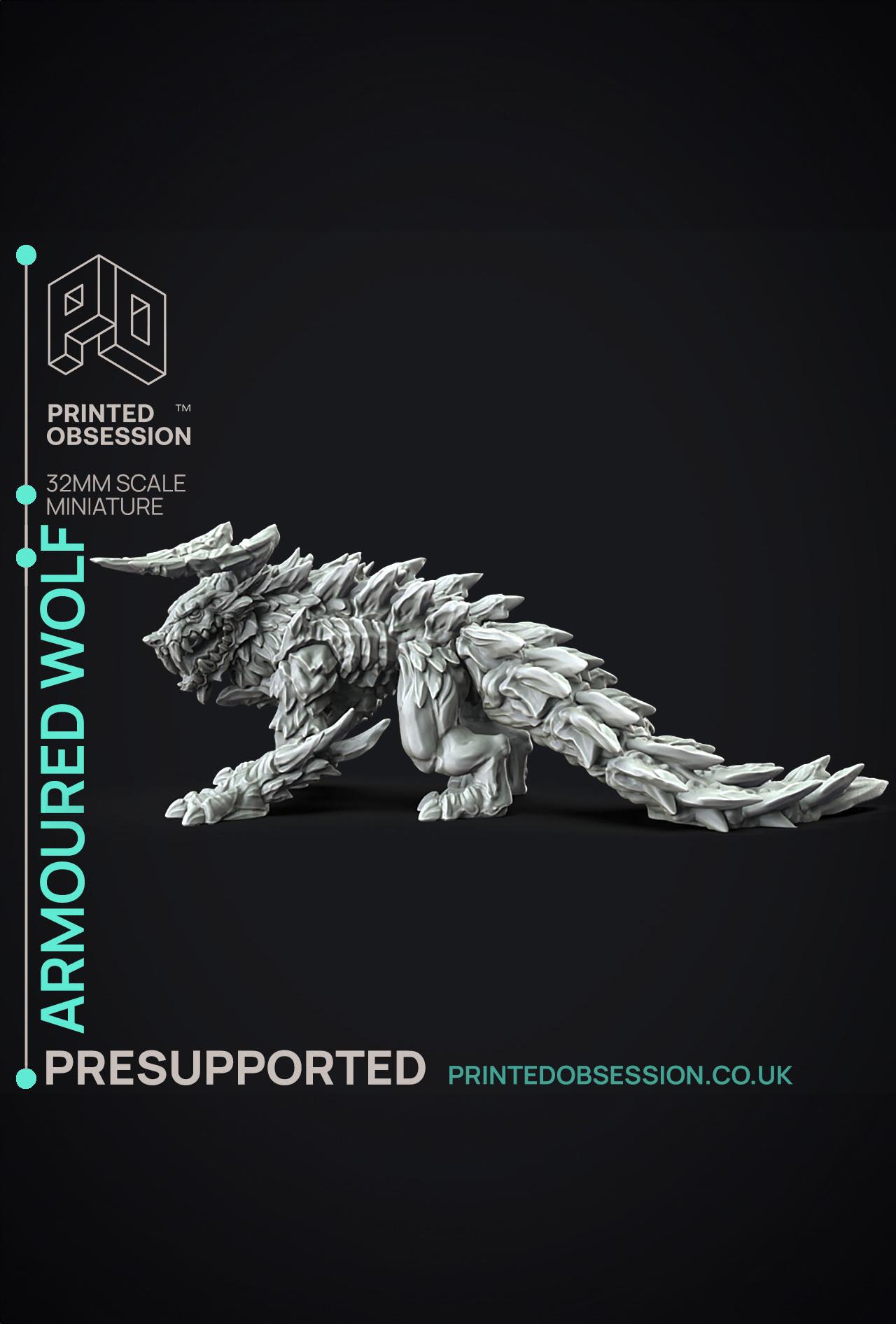 Armoured Wolf - Large Creature - Hunting Party -  PRESUPPORTED - Illustrated and Stats - 32mm scale 3d model