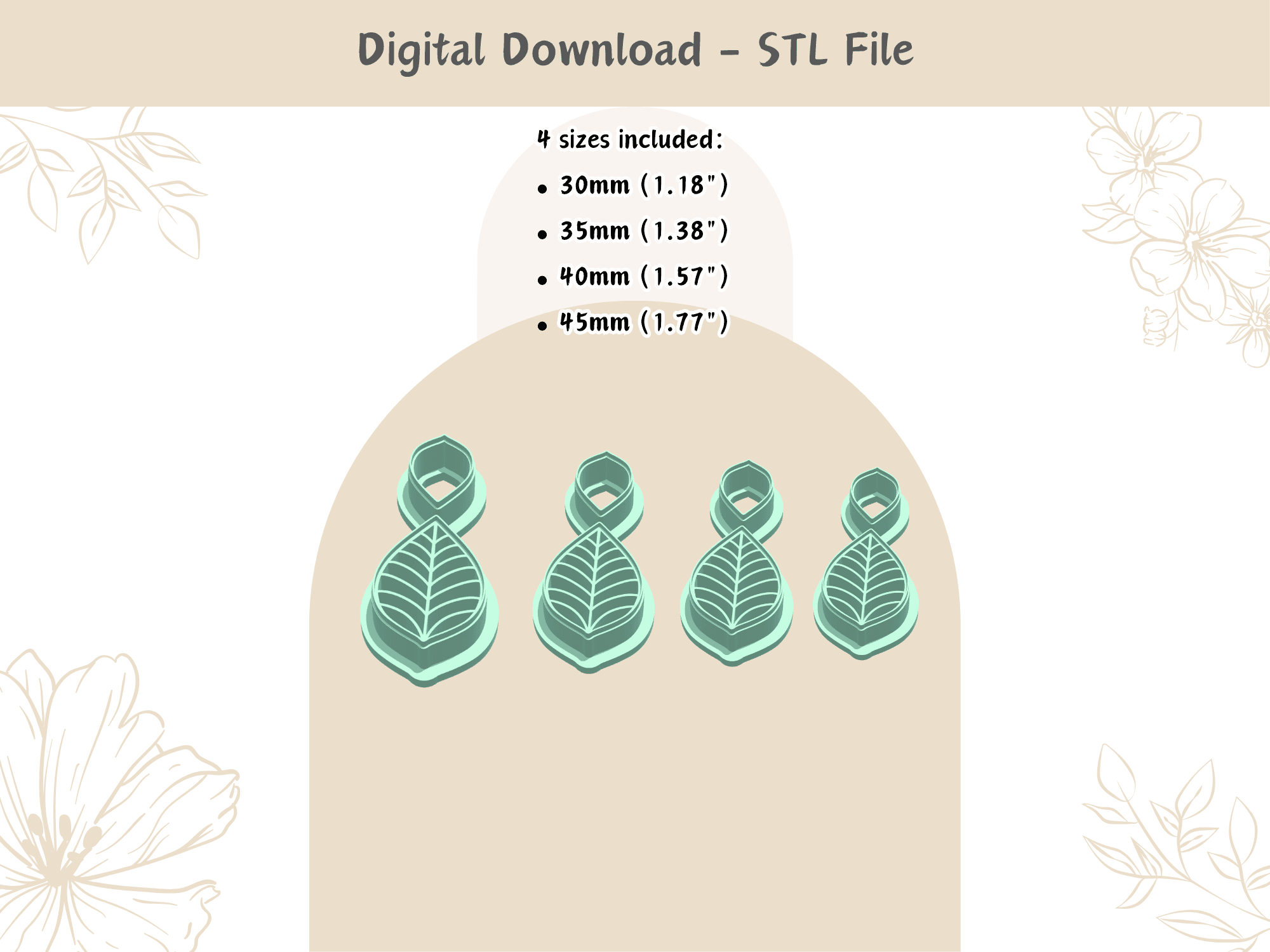 Leaf 2 parts Clay Cutter for Polymer Clay | Digital STL File | Clay Tools | 4 Sizes Summer Clay Cutt 3d model