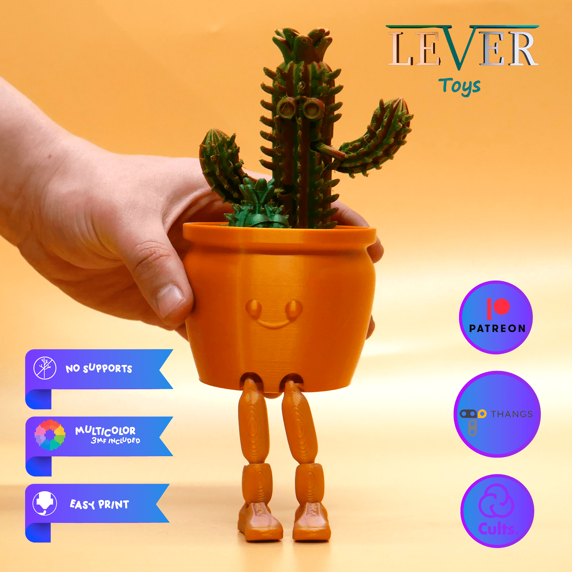 FLEXI POTTED CACTUS (ARTICULATED) PRINT-IN-PLACE LEVER TOYS 3d model