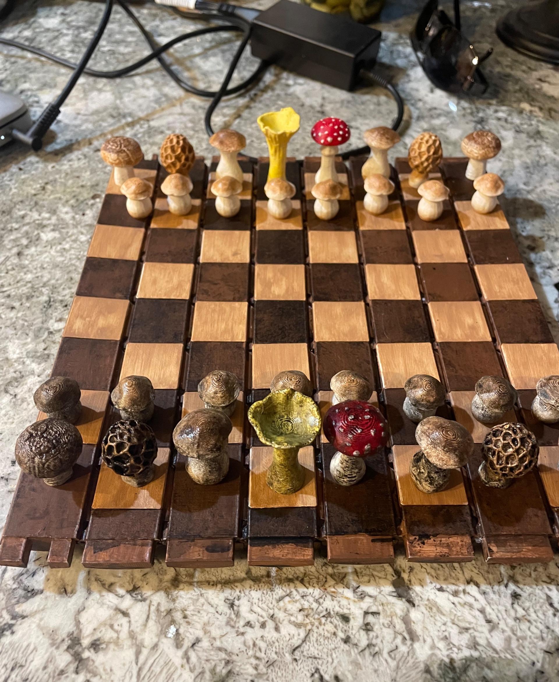 Forest Chess Set - Log and Mushroom Chess Board - Acorn Checkers 3d model