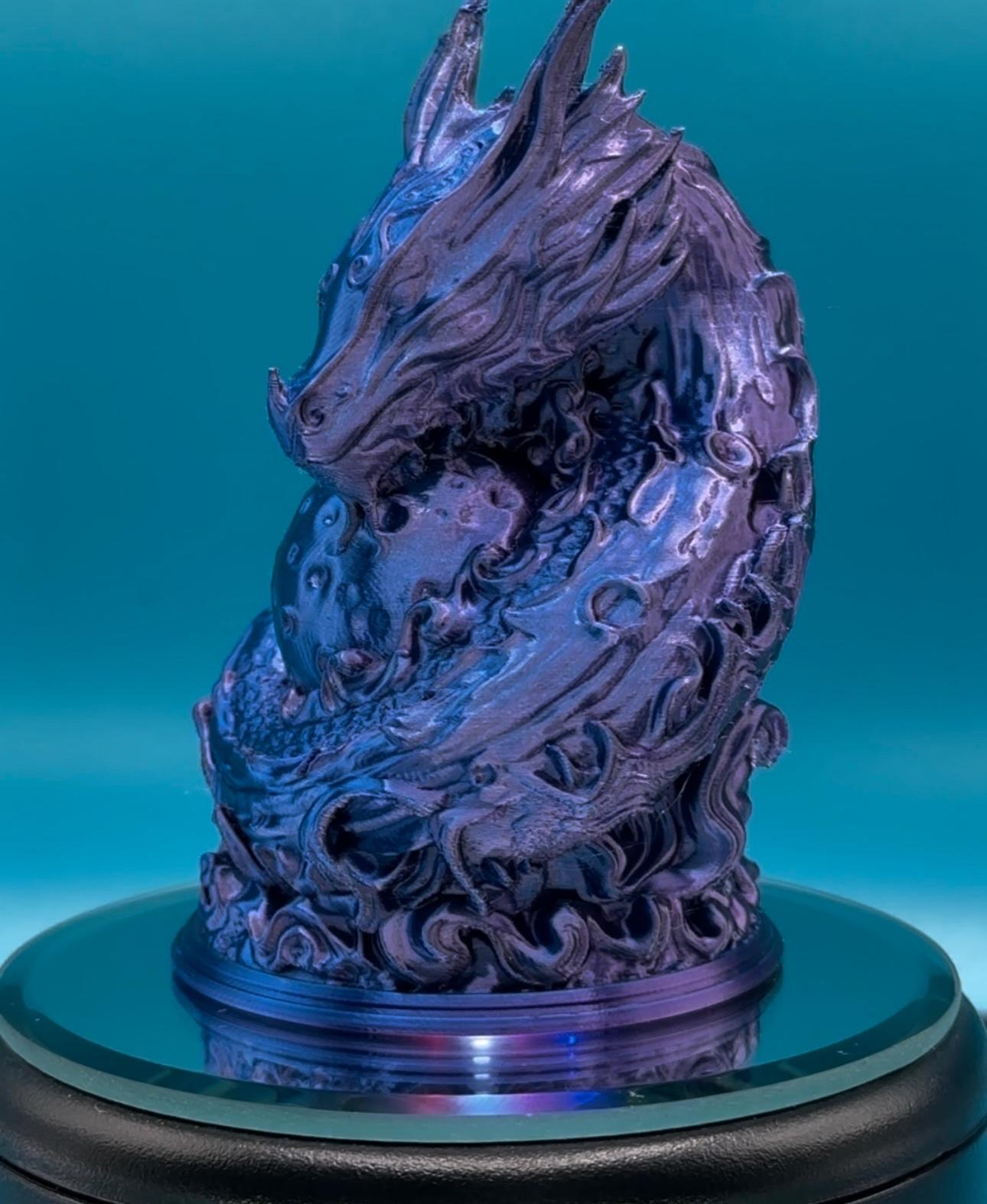 Moon Dragon bust  - Experimenting w/a filament I received a dual extrusion tricolor silk blue purple black. Printed at 50% scale at .08 layer height.  - 3d model