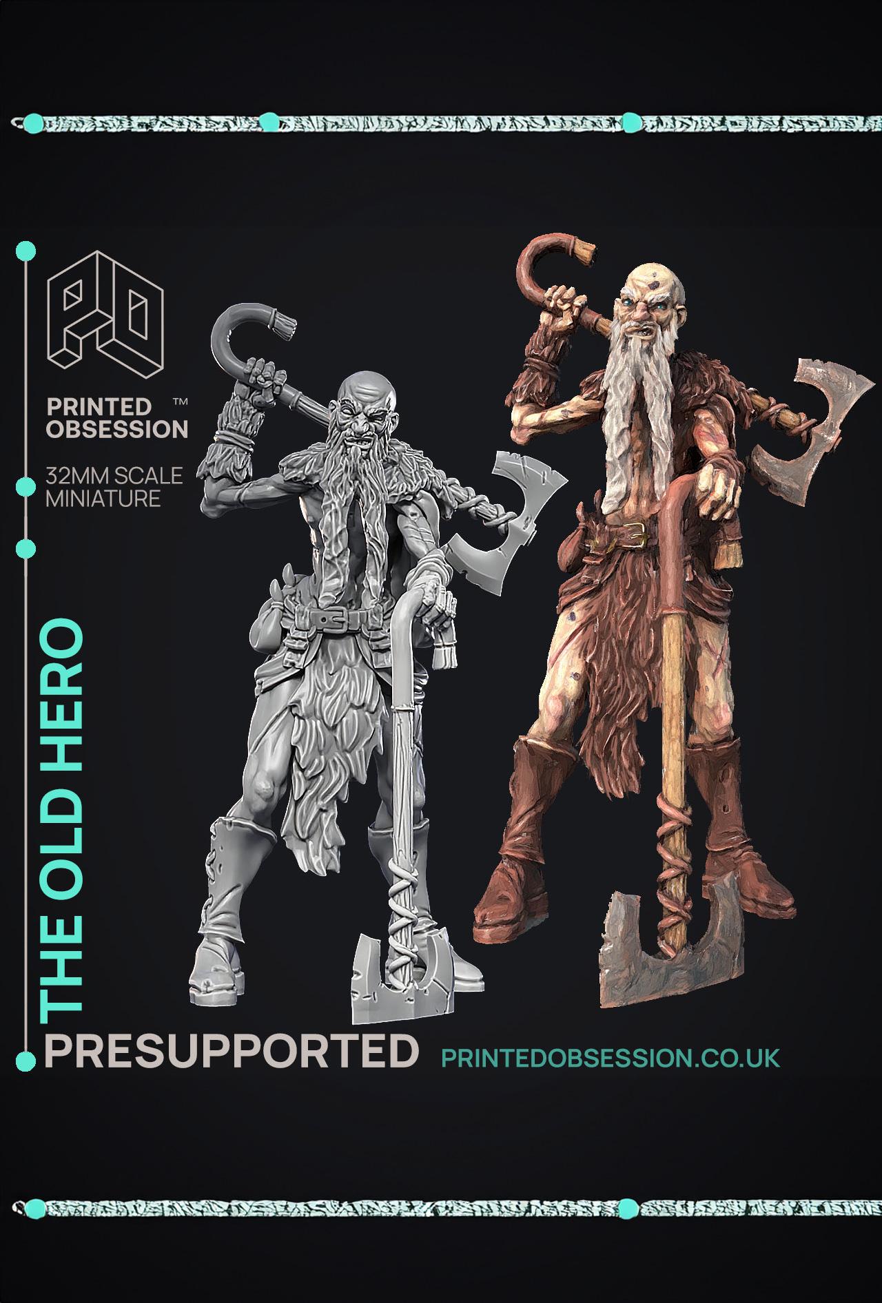 Old Hero - Barbarian - PRESUPPORTED - Illustrated and Stats - 32mm scale  3d model