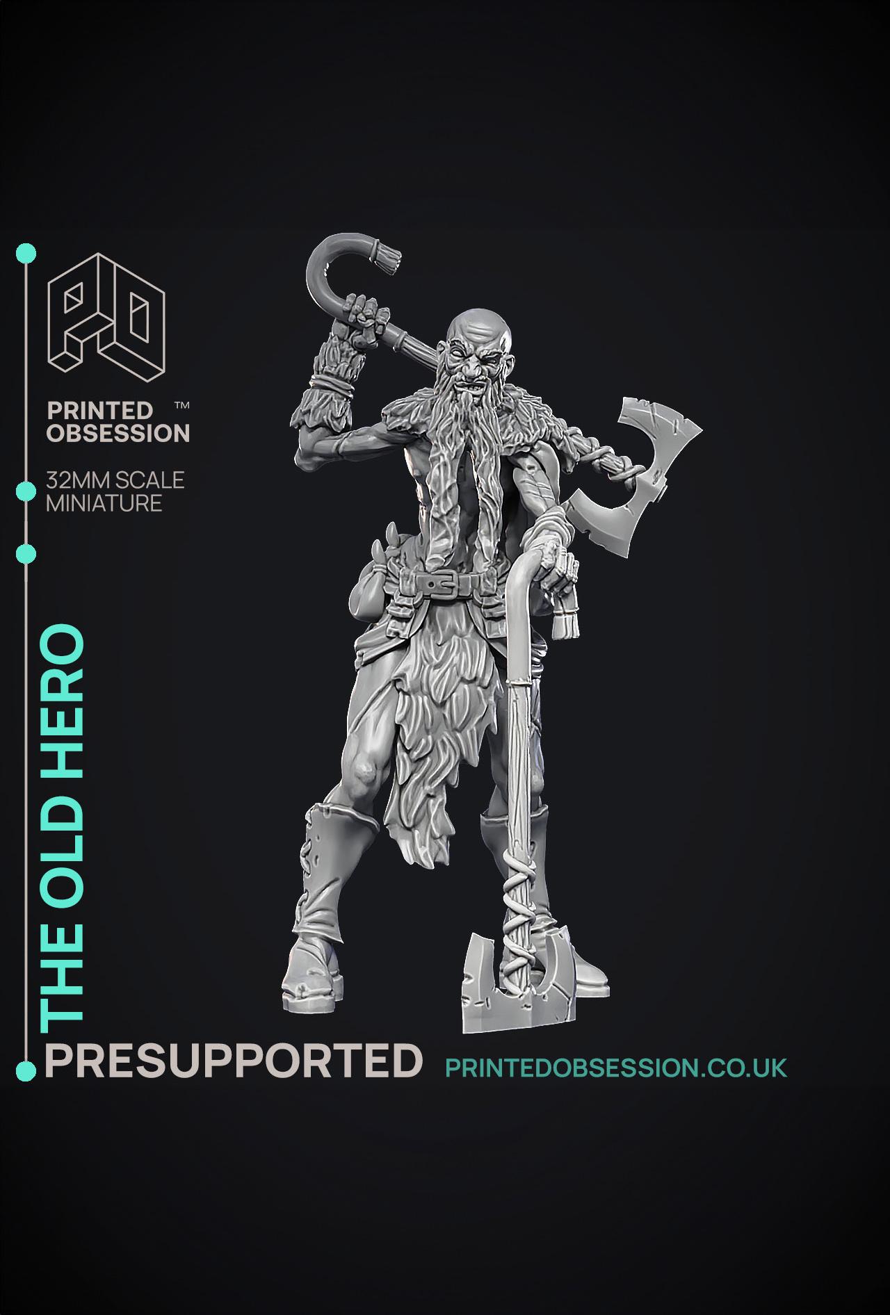 Old Hero - Barbarian - PRESUPPORTED - Illustrated and Stats - 32mm scale  3d model