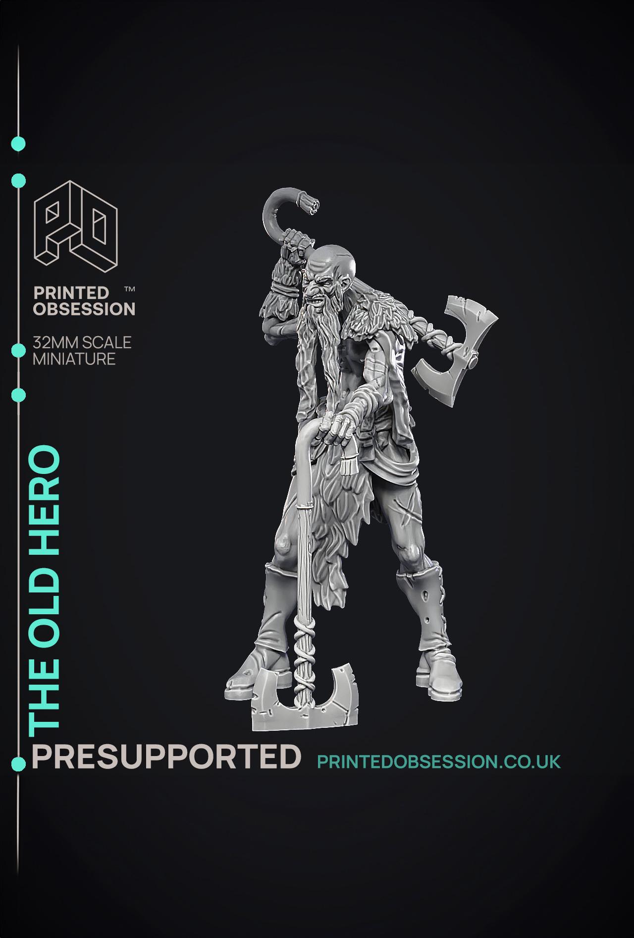 Old Hero - Barbarian - PRESUPPORTED - Illustrated and Stats - 32mm scale  3d model