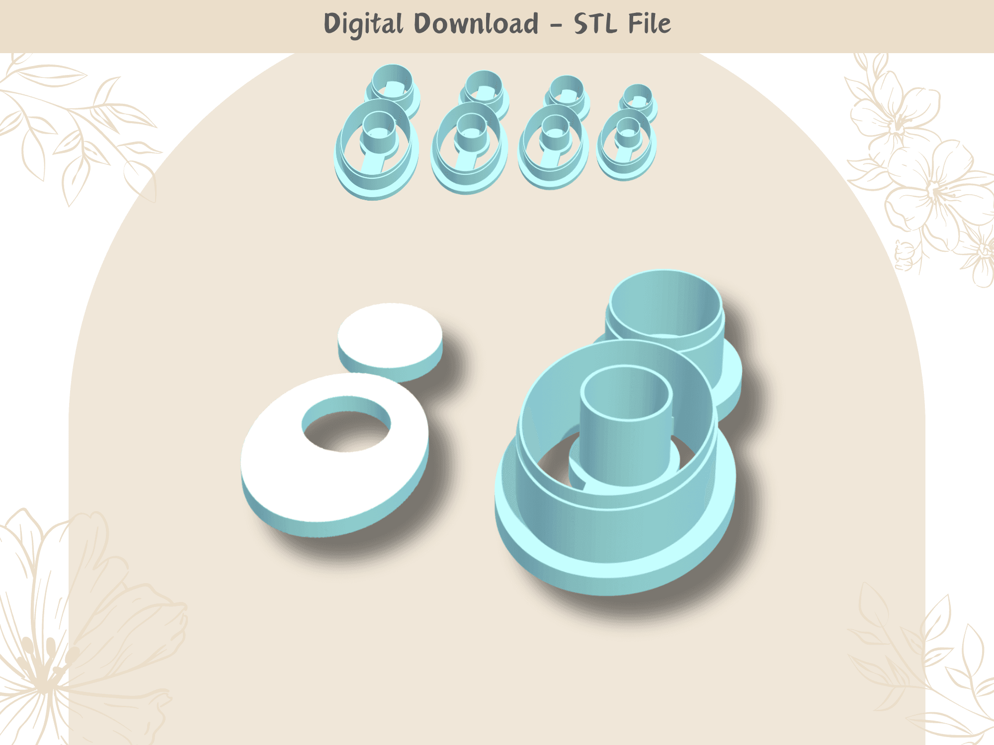 Oval 2 parts Clay Cutter for Polymer Clay | Digital STL File | Clay Tools | 4 Sizes Clay Cutters  3d model