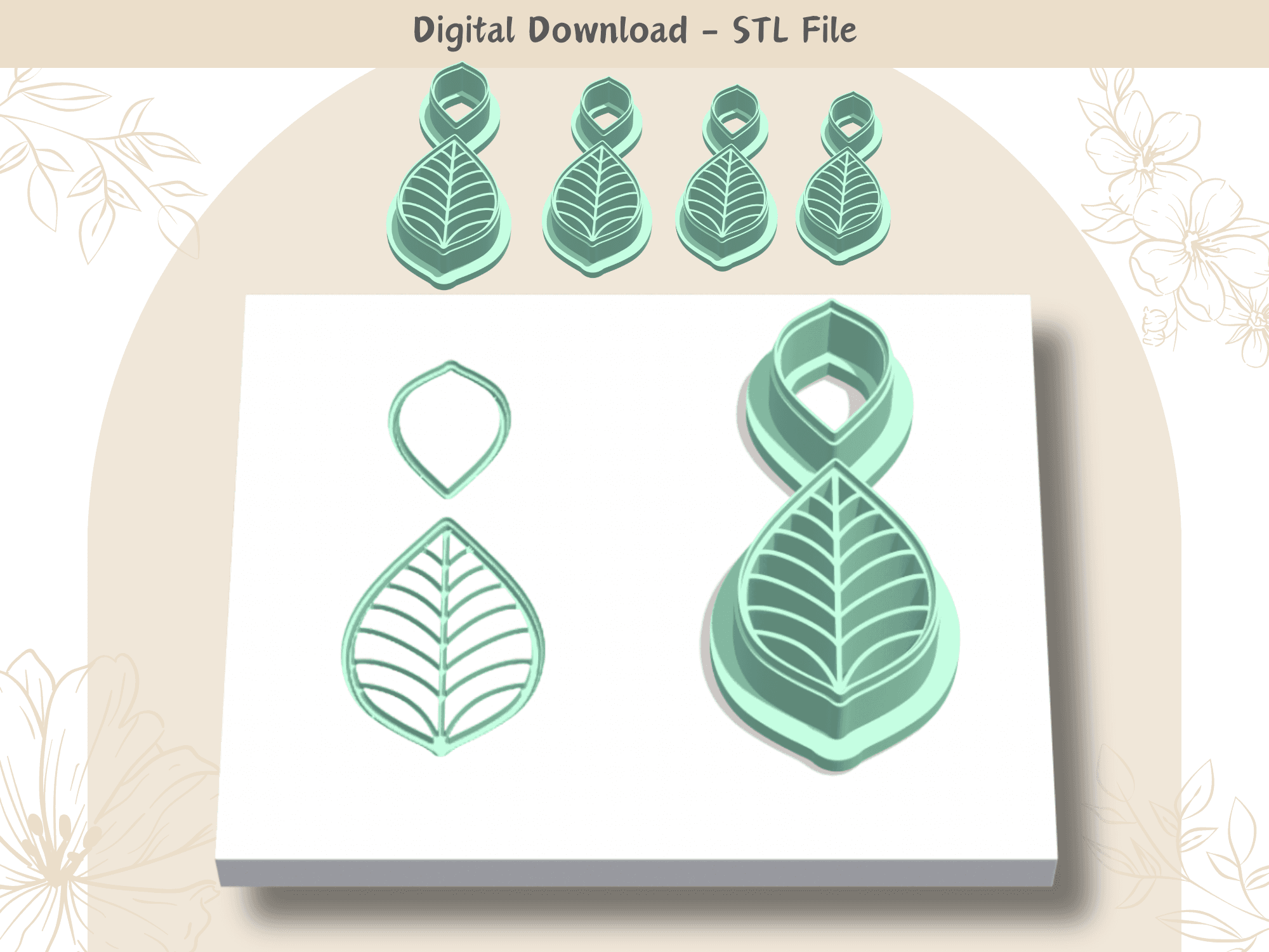 Leaf 2 parts Clay Cutter for Polymer Clay | Digital STL File | Clay Tools | 4 Sizes Summer Clay Cutt 3d model