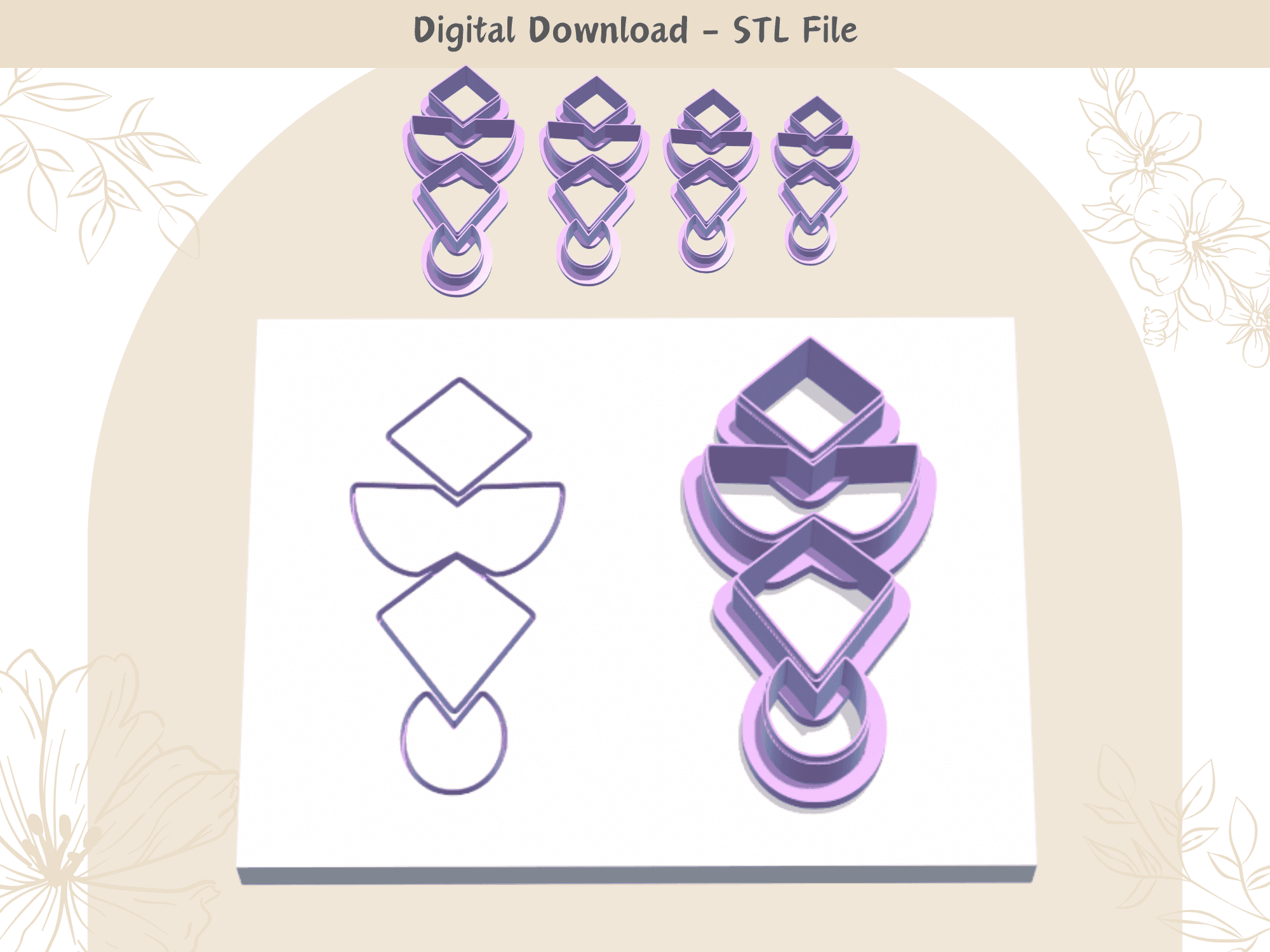 Abstract 4 parts Clay Cutter for Polymer Clay | Digital STL File | Clay Tools | 4 Sizes Summer Clay  3d model