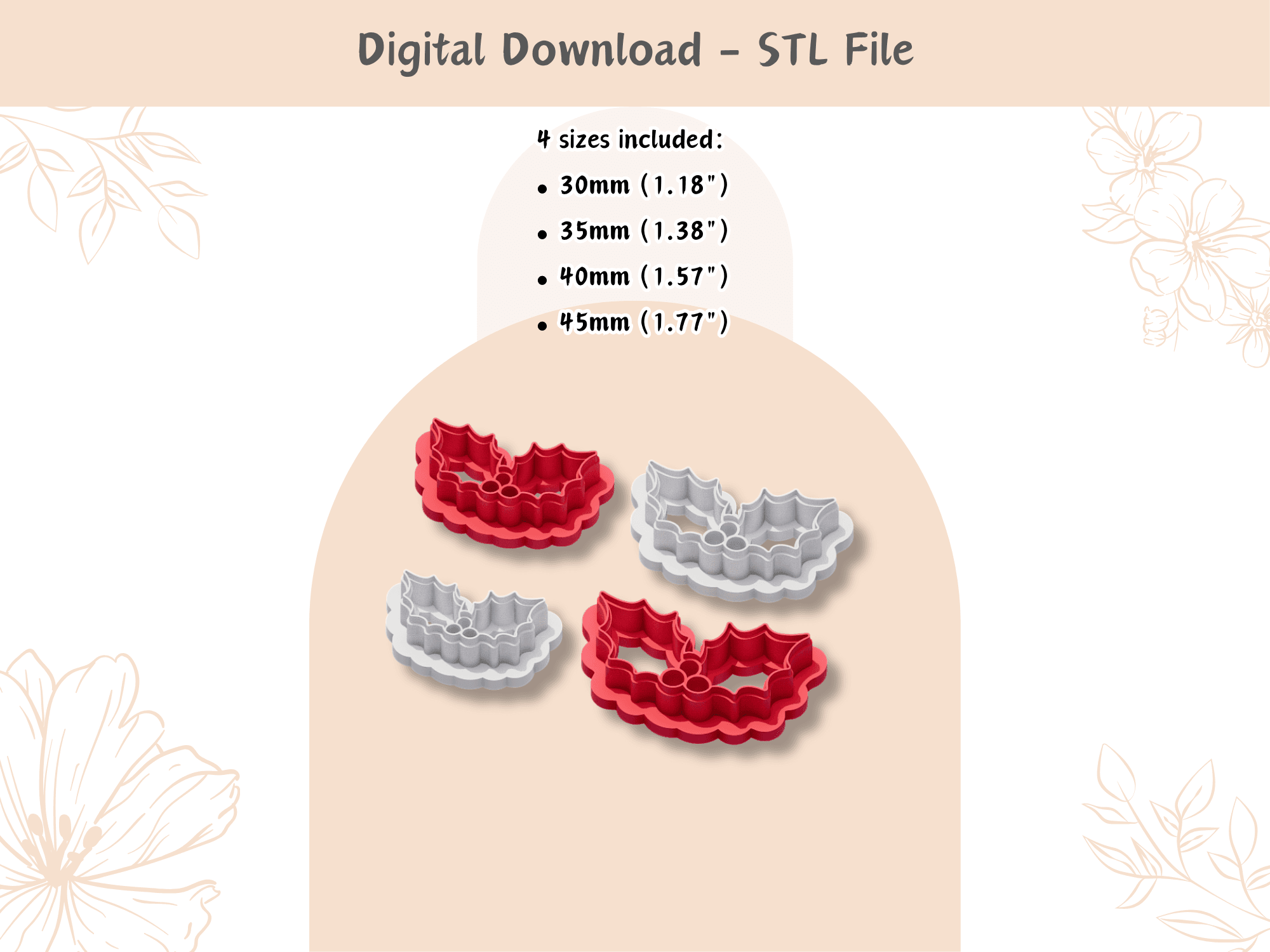 Christmas Holly Clay Cutter for Polymer Clay | Digital STL File | Clay Tools | 4 Sizes Christmas Cla 3d model