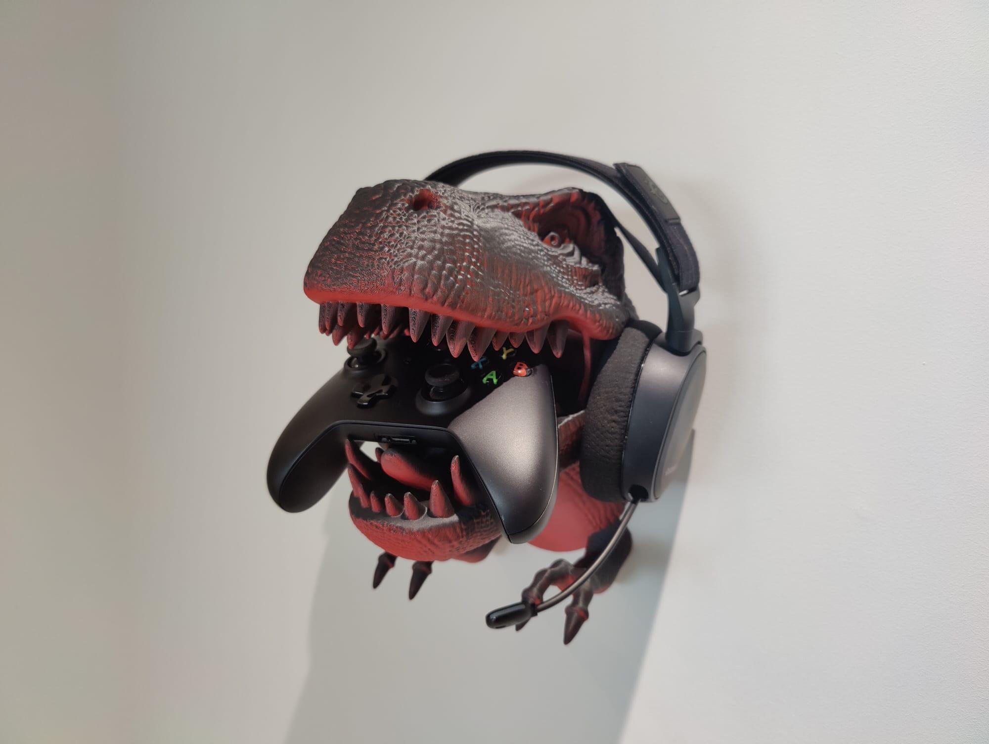 T-Rex Dinosaur Head Wall Mount Hanger / No Supports  - Red/black PLA - 3d model