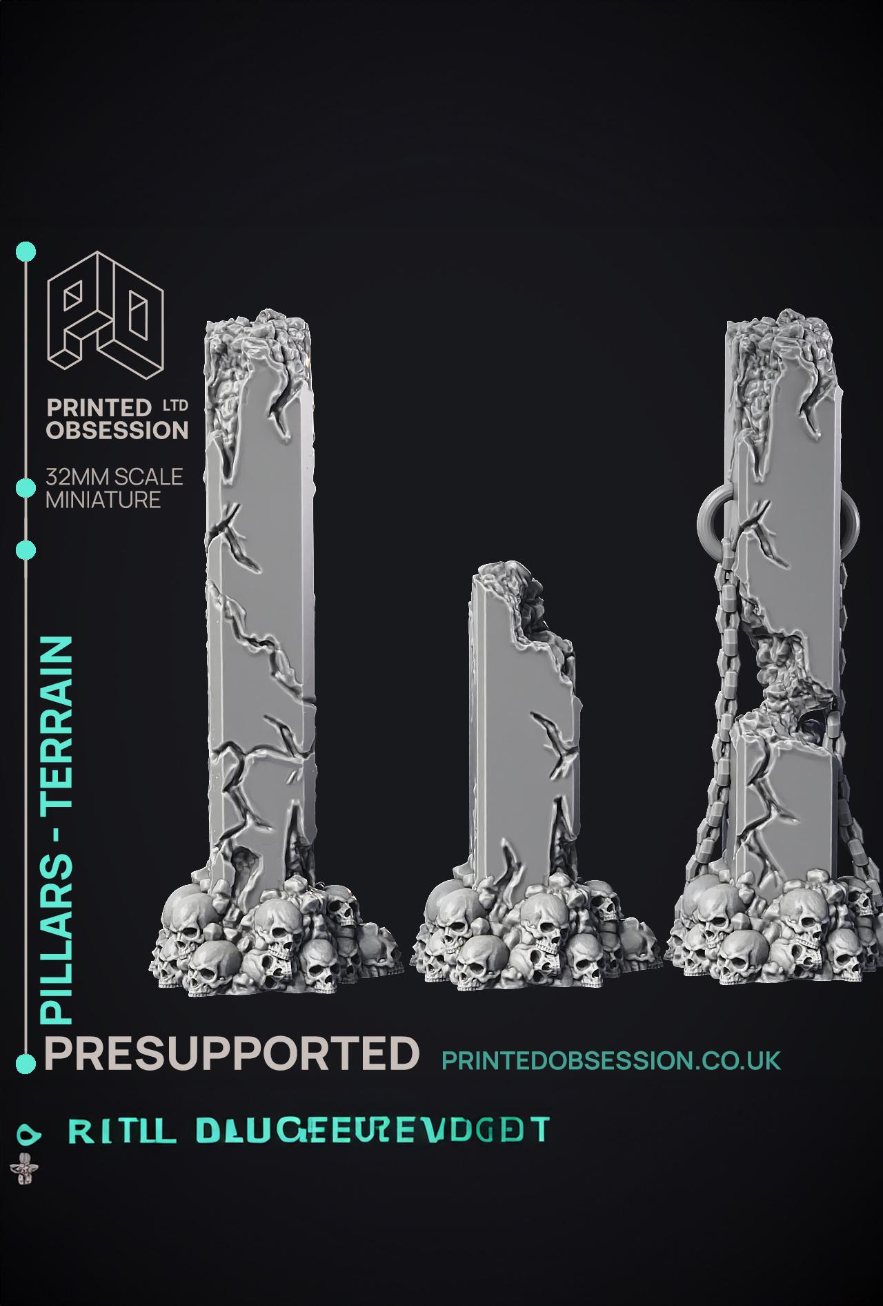 Pillars - Scatter Terrain - 3 Models - PRESUPPROTED - Hell Hath No Fury - scale 32mm  3d model