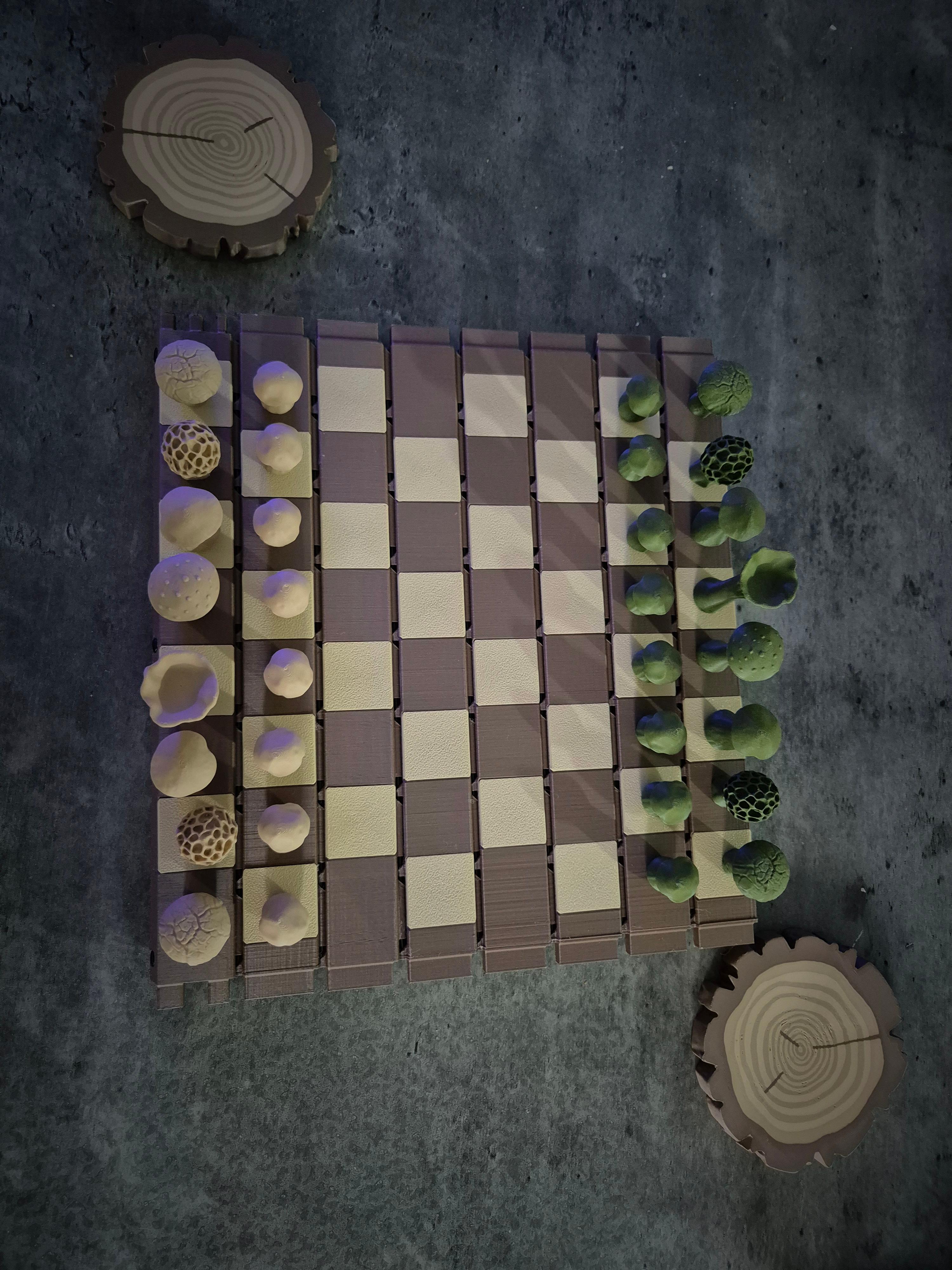 Forest Chess Set - Log and Mushroom Chess Board - Acorn Checkers 3d model