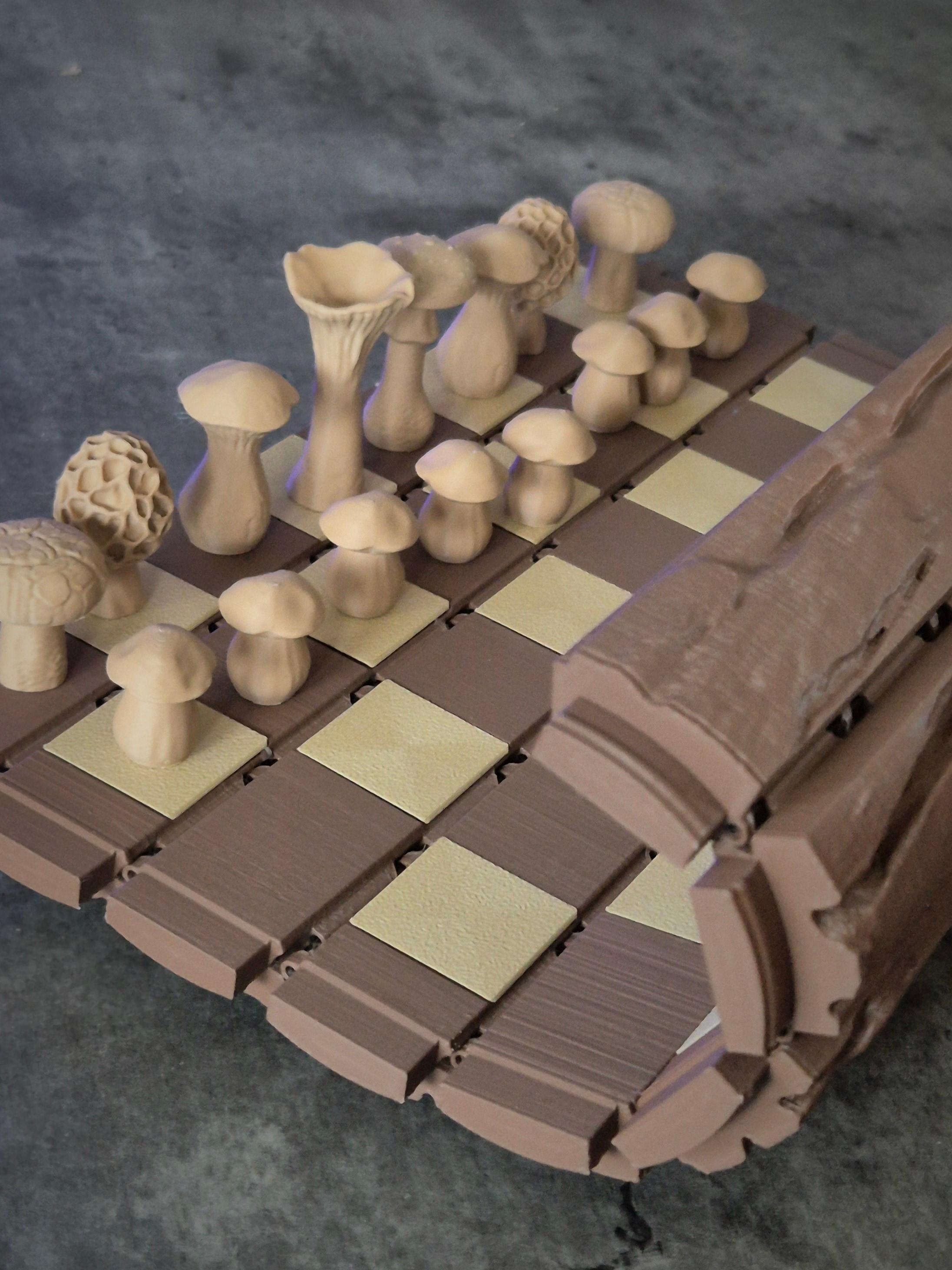 Forest Chess Set - Log and Mushroom Chess Board - Acorn Checkers 3d model