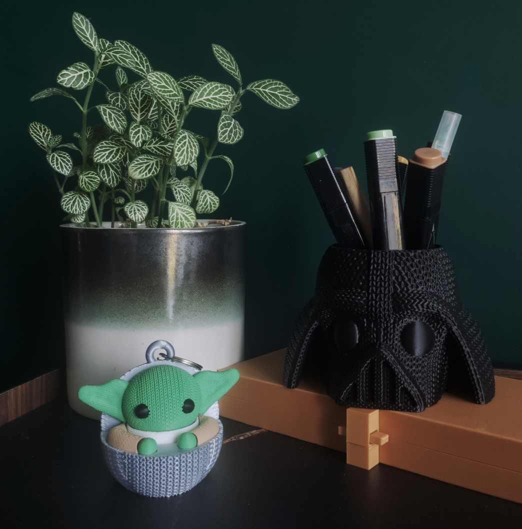 Knitted Star Wars Darth Vader Figurine / Planter / Pot  - Grogu and Darth Vader hanging out - 3d model