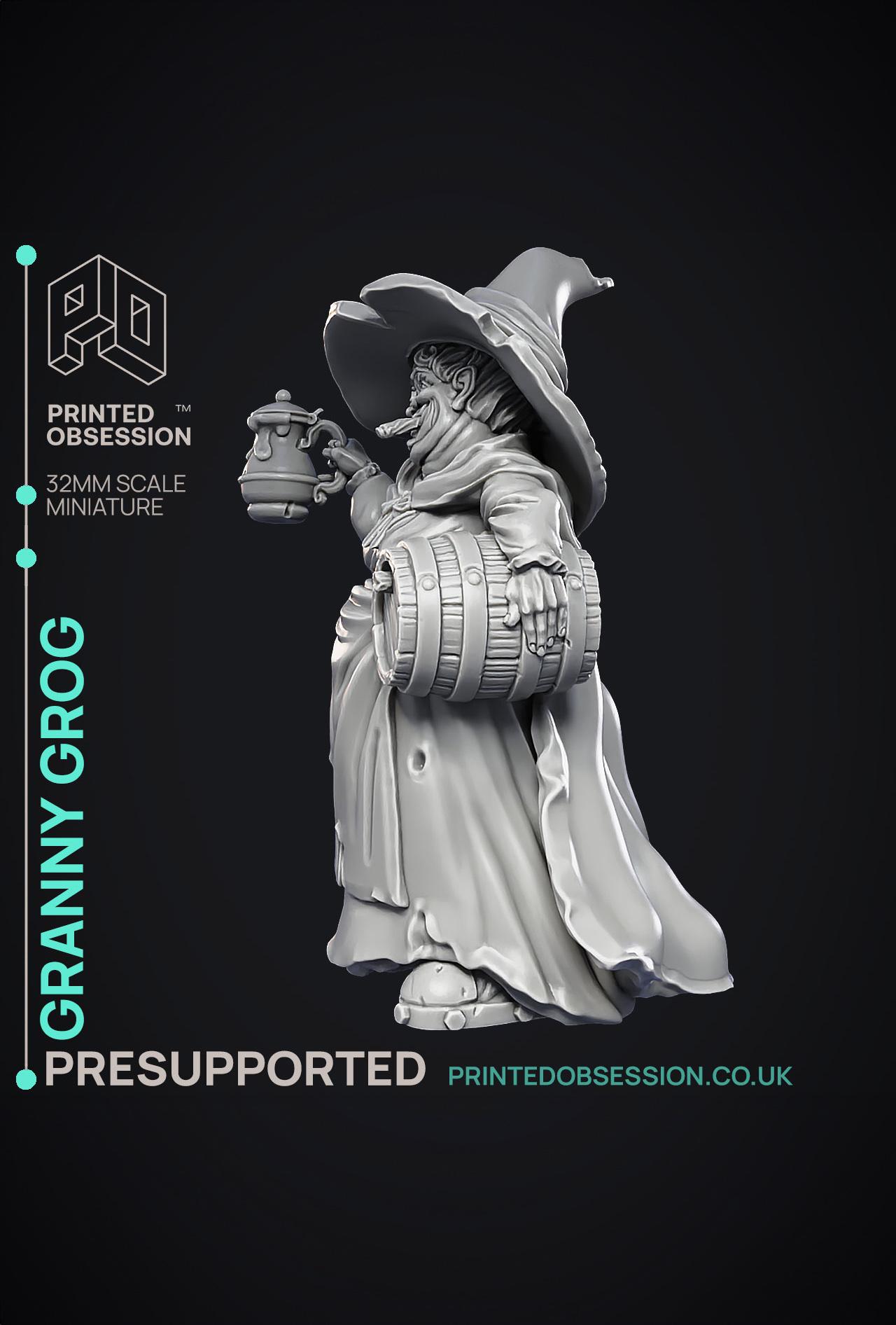 Granny Grog - Black Witch - PRESUPPORTED - Illustrated and Stats - 32mm scale  3d model