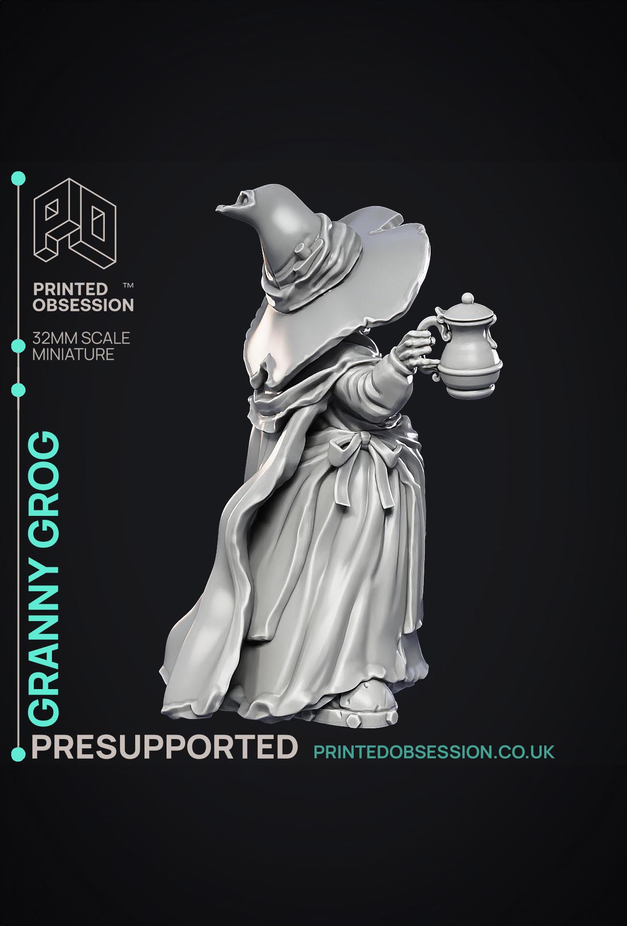 Granny Grog - Black Witch - PRESUPPORTED - Illustrated and Stats - 32mm scale  3d model