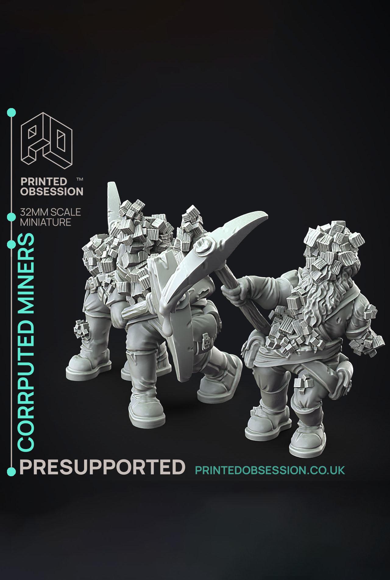 Corrupted Dwarf Miners - Flesh of Gold - PRESUPPORTED - Illustrated and Stats - 32mm scale			 3d model