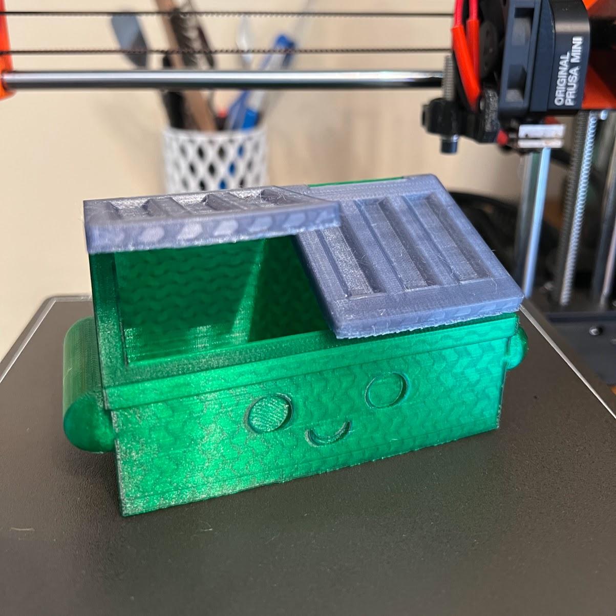 CuteDumpster.stl - Filament: eSun Semi-Transparent Green PETG
Printer: Prusa Mini+ w/ powder coated steel sheet - 3d model