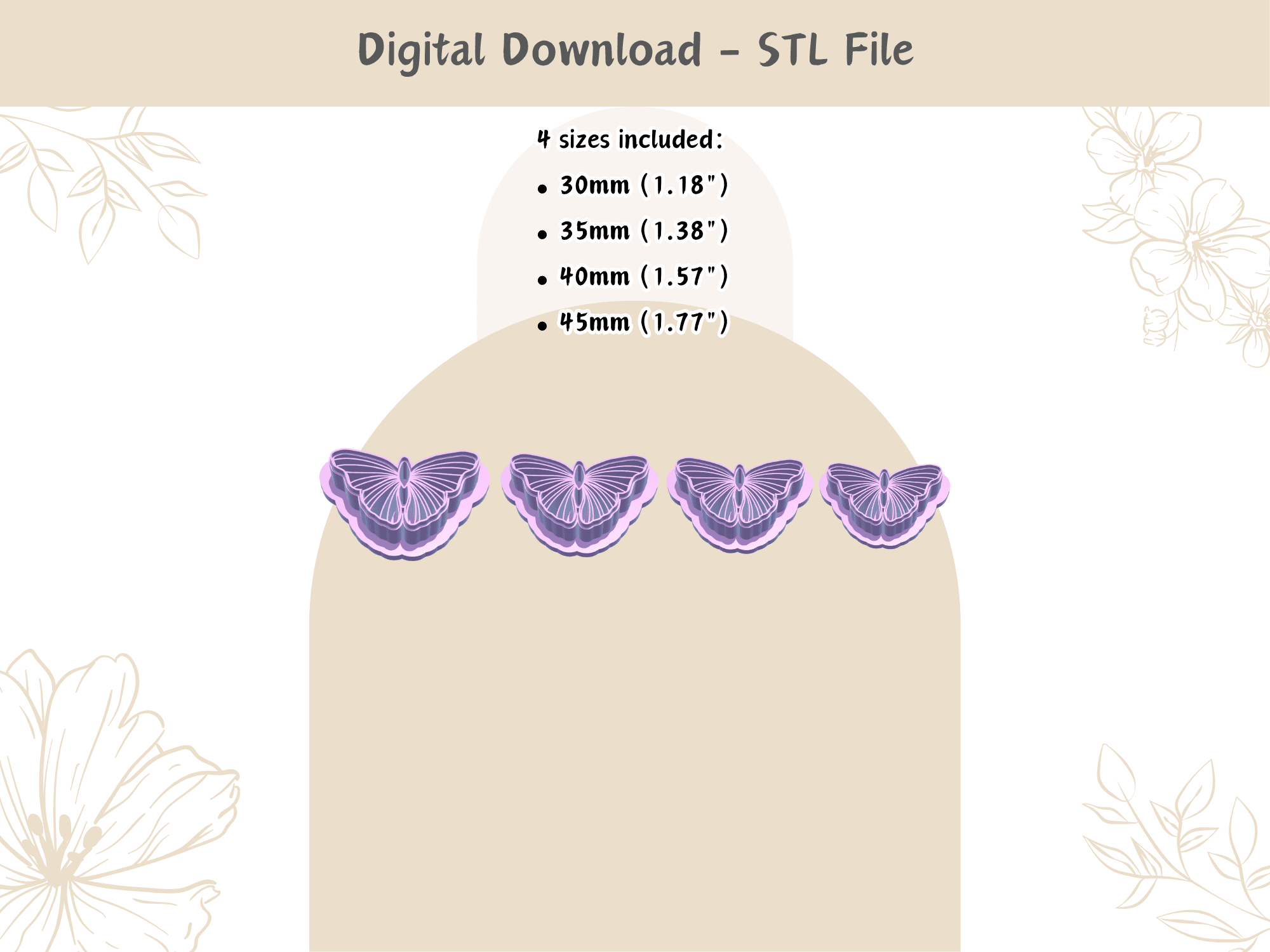 Moth Clay Cutter for Polymer Clay | Digital STL File | Clay Tools | 4 Sizes Summer Clay Cutters, 2 C 3d model