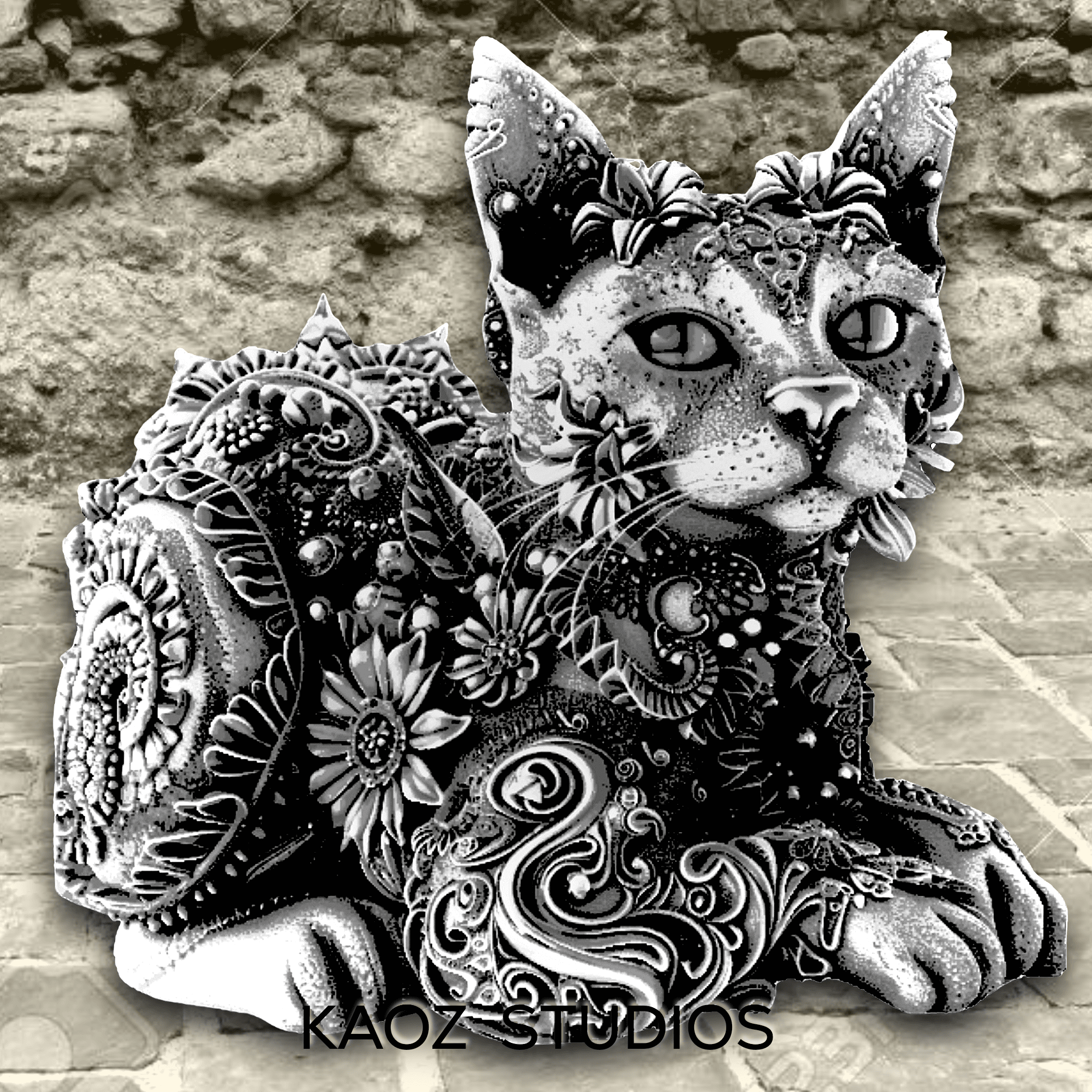 Stone Carved Kitty Decoration Lagoon Fantasy Cat 2 Models Wall Art Home Decor 3d model