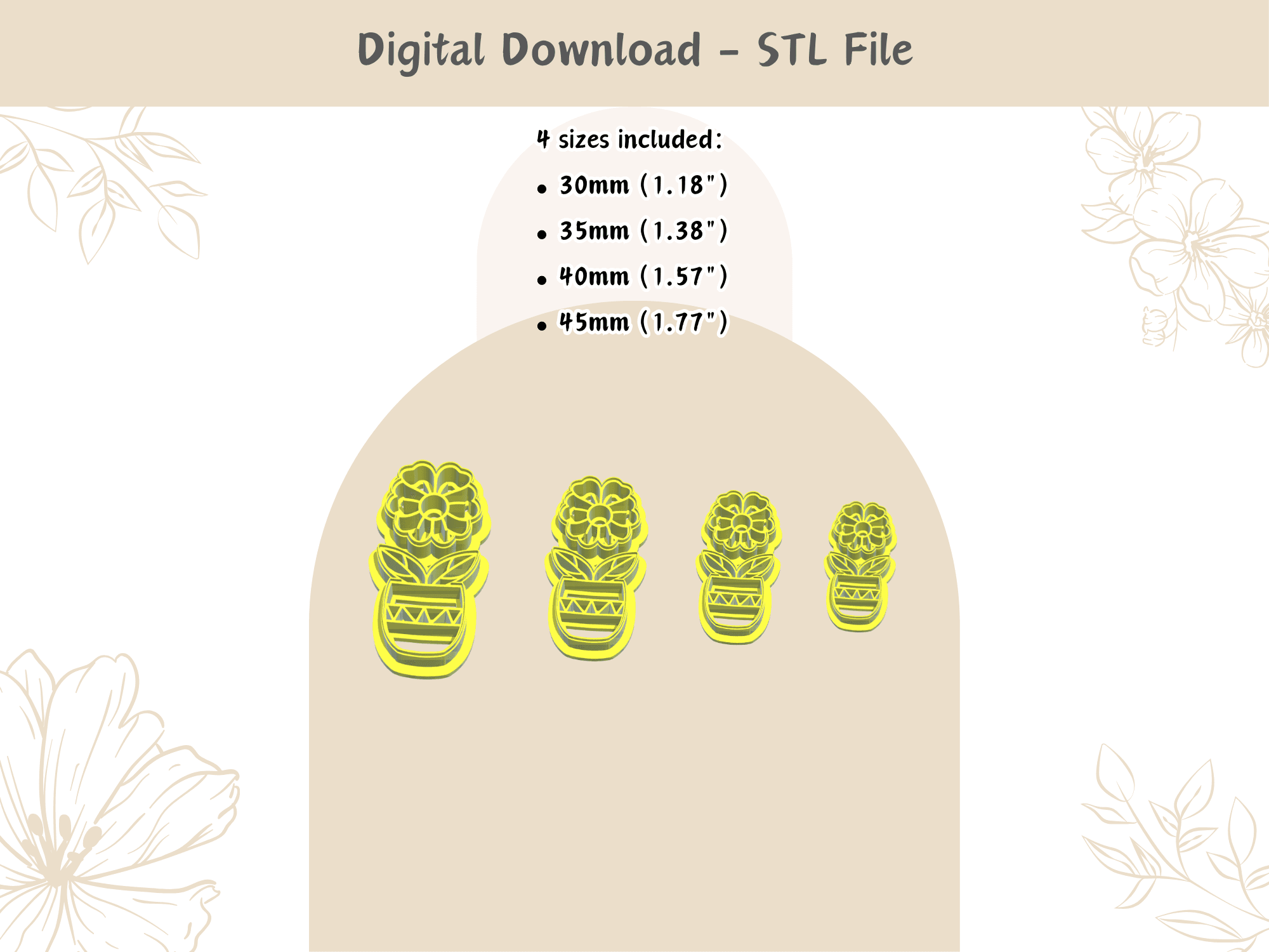 Flower Pot Clay Cutter for Polymer Clay | Digital STL File | Clay Tools | 4 Sizes Summer Clay Cutter 3d model