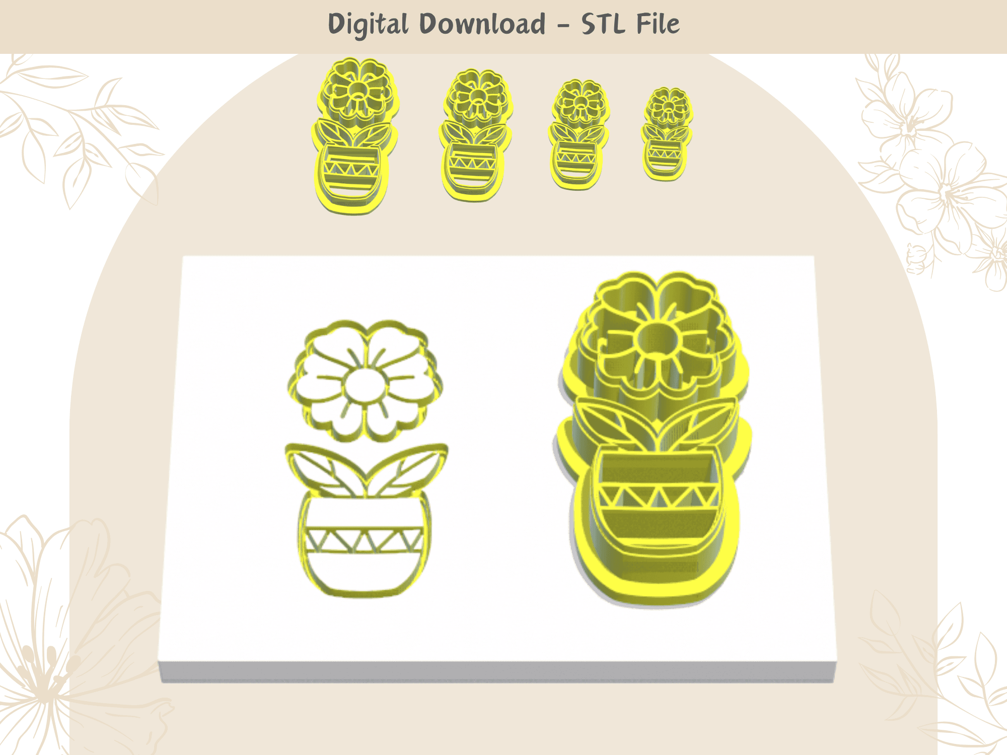 Flower Pot Clay Cutter for Polymer Clay | Digital STL File | Clay Tools | 4 Sizes Summer Clay Cutter 3d model