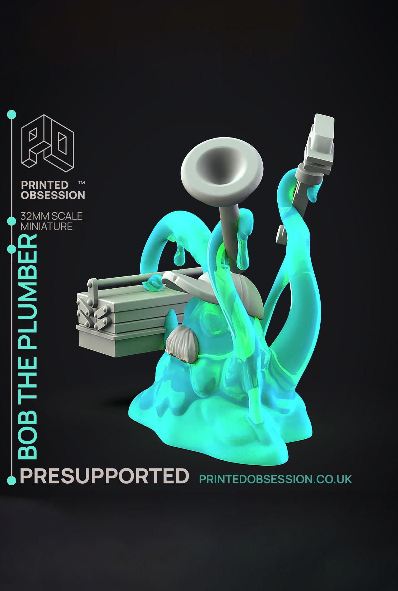 Bob the Plumber - Dungeon Cleaning Inc - PRESUPPORTED - Illustrated and Stats - 32mm scale			 3d model