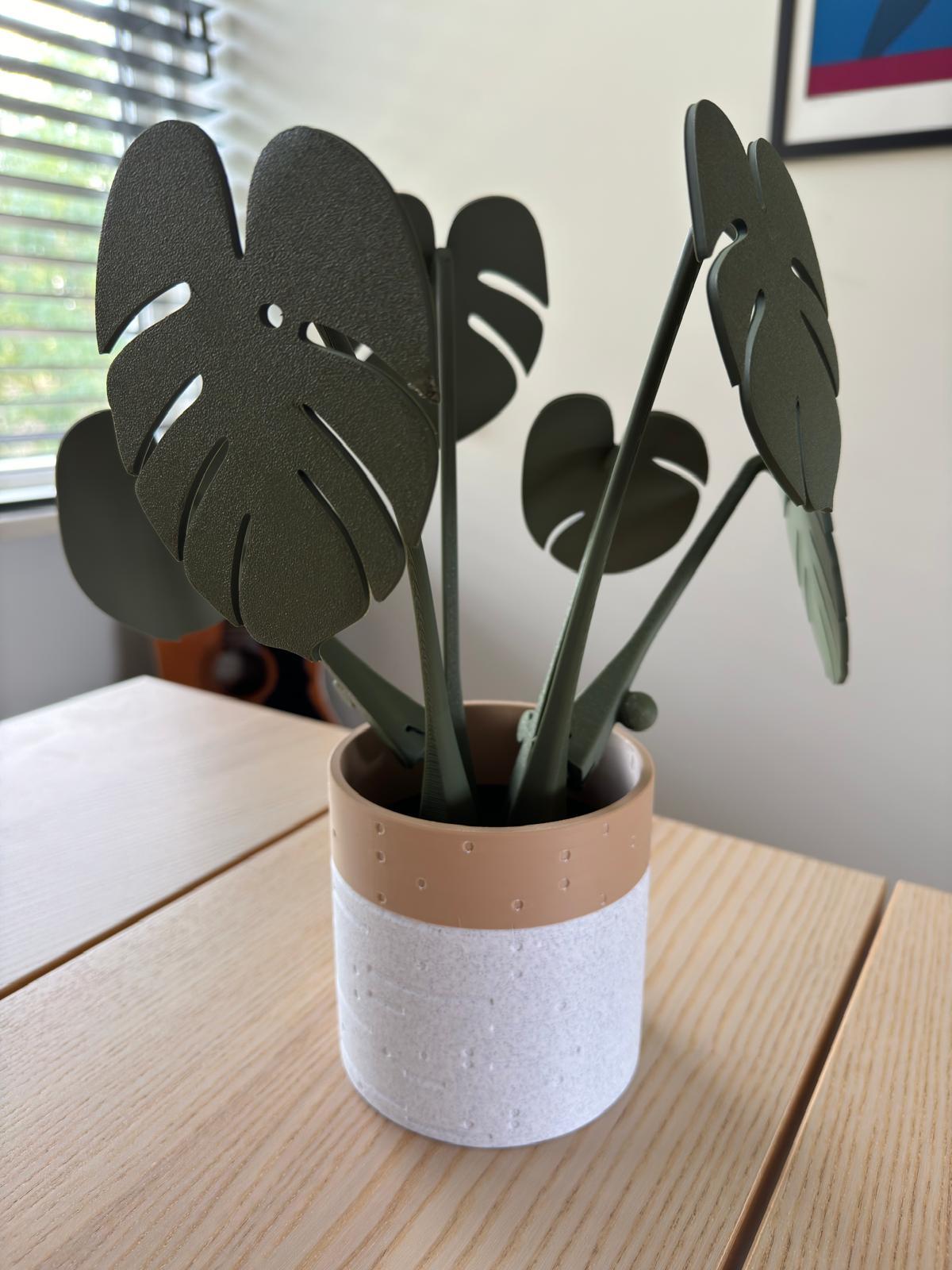 Monstera Coaster Set - Monstera printed in Eryone Matte PLA, pot in Bambu Lab Latte Brown &  White Marble. - 3d model