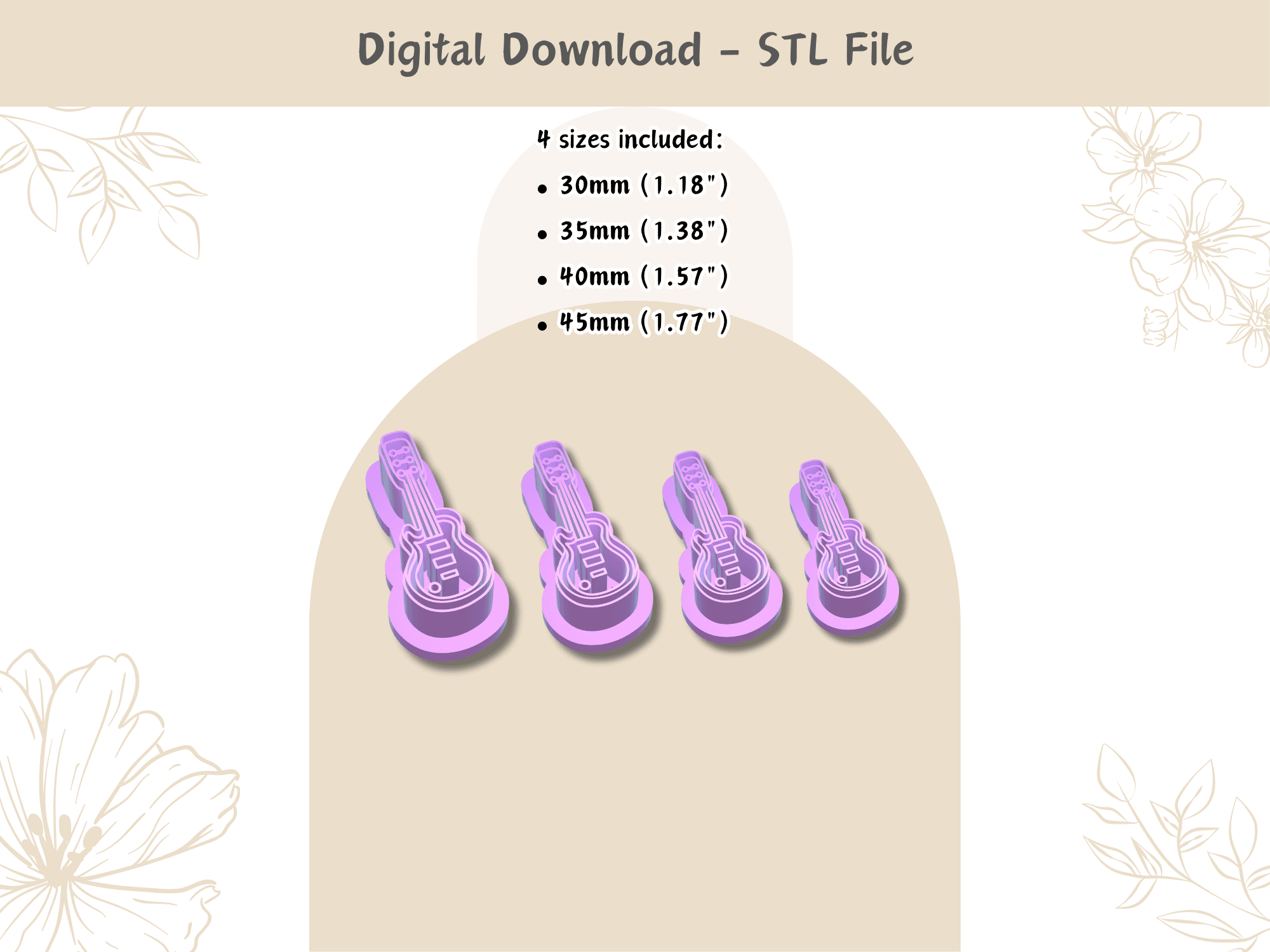 Guitar Clay Cutter for Polymer Clay | Digital STL File | Clay Tools | 4 Sizes Summer Clay Cutters, 2 3d model