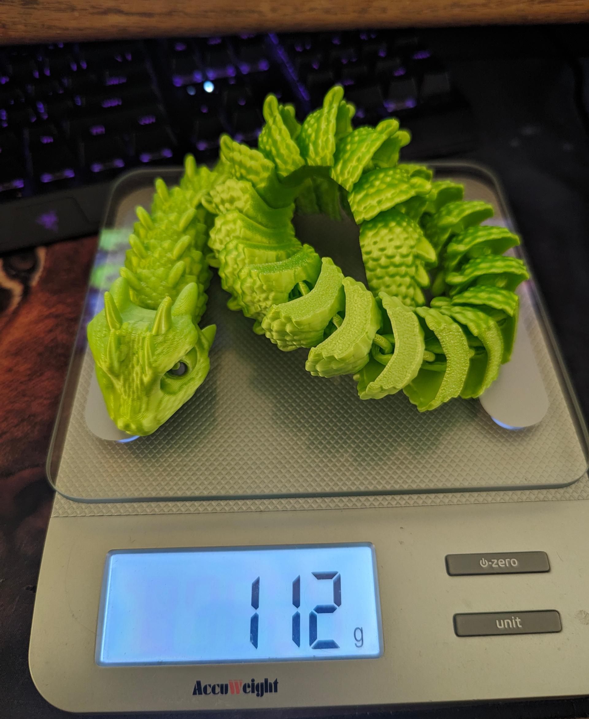 Baby Basilisk (Extra Long) - Articulated Snap-Flex Fidget (Medium Tightness Joints) - 112 grams printed, +12g of filament color change trash.
Slicer estimated 120.68g - 3d model