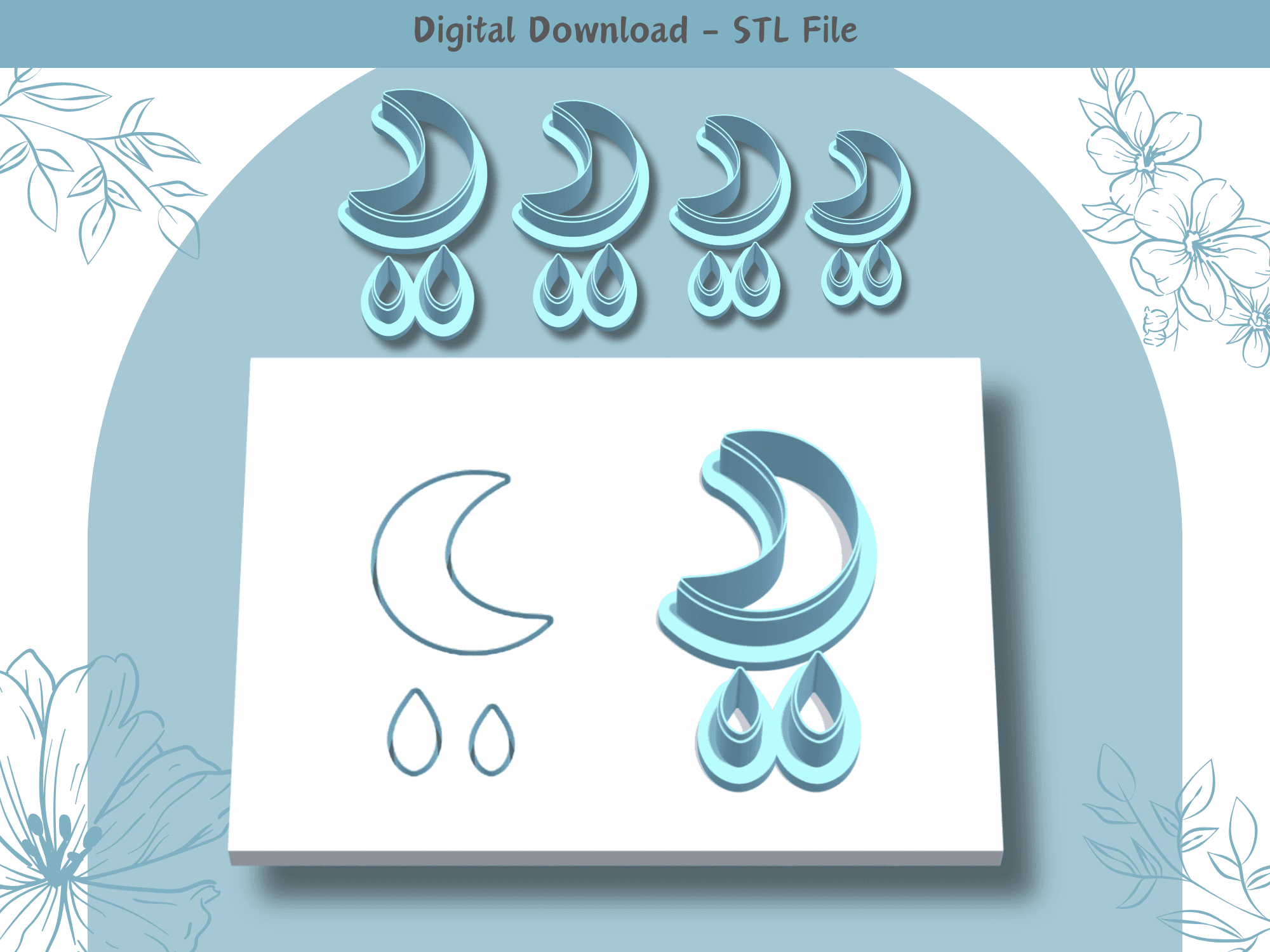 Crescent Moon and Teardrop Clay Cutter for Polymer Clay | Digital STL File | Clay Tools | 4 Sizes 3d model