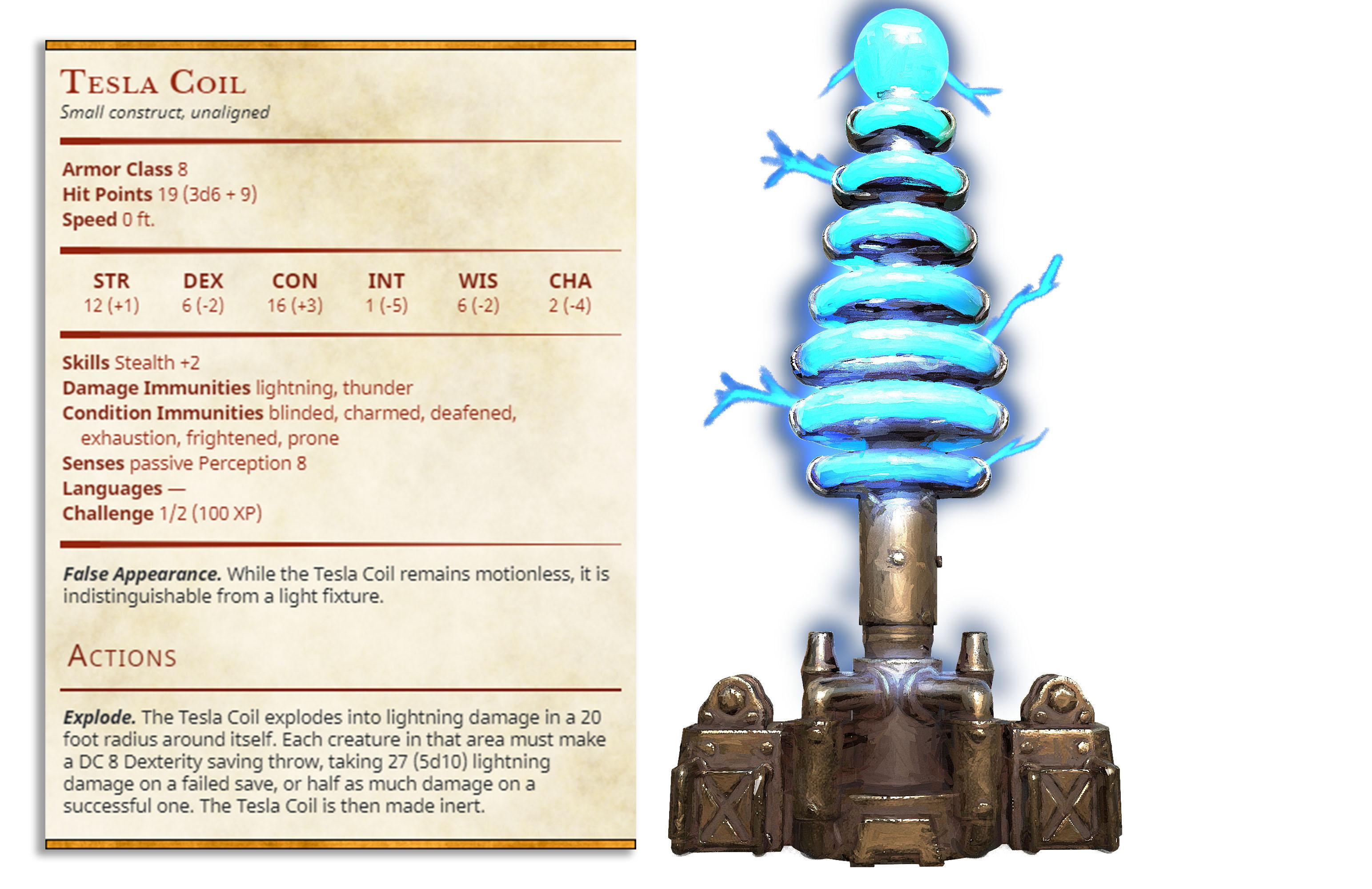 Tesla Coil - Dr Frankensteins Monster - PRESUPPORTED - Illustrated and Stats - 32mm scale			 3d model