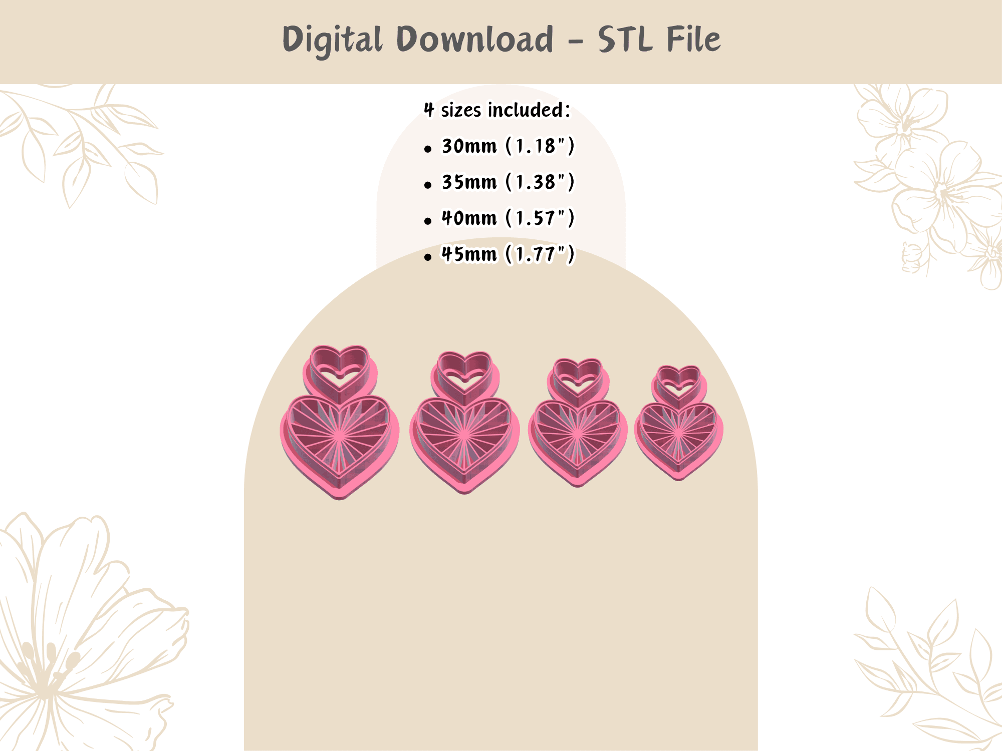 Heart with Lines Clay Cutter for Polymer Clay | Digital STL File | Clay Tools | 4 Sizes Summer Clay  3d model