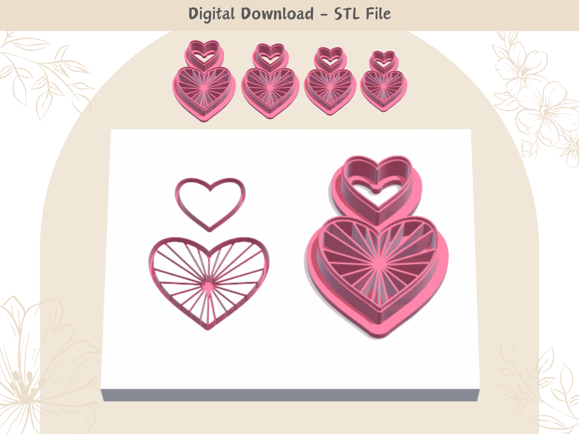 Heart with Lines Clay Cutter for Polymer Clay | Digital STL File | Clay Tools | 4 Sizes Summer Clay  3d model