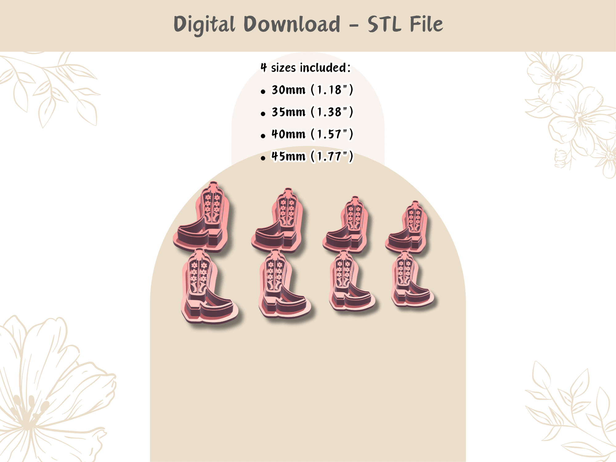 Cowboy boots Clay Cutter for Polymer Clay | Digital STL File | Clay Tools | 4 Sizes Summer Clay Cutt 3d model