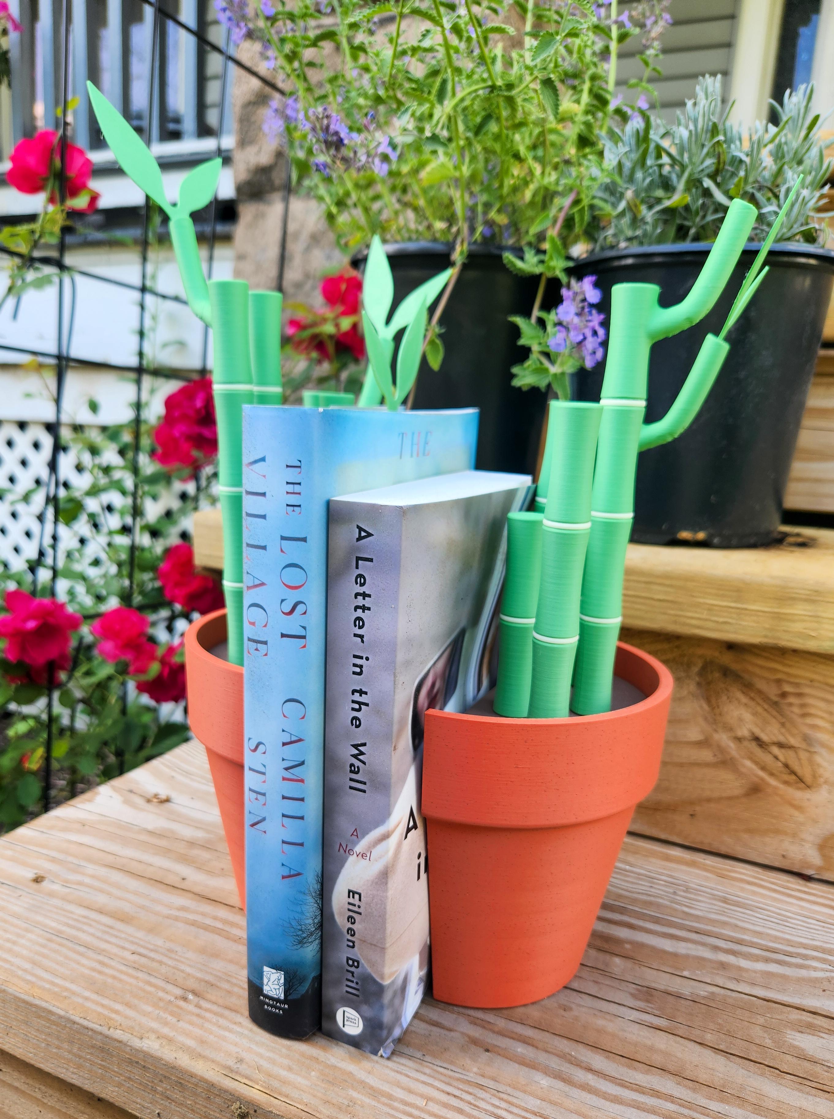 Bambookends - Bamboo Functional Plant with Pens, Highlighters, Post it note dispenser, and Bookmarks - Love how the polymaker brick marble came out for the terracotta pot! - 3d model