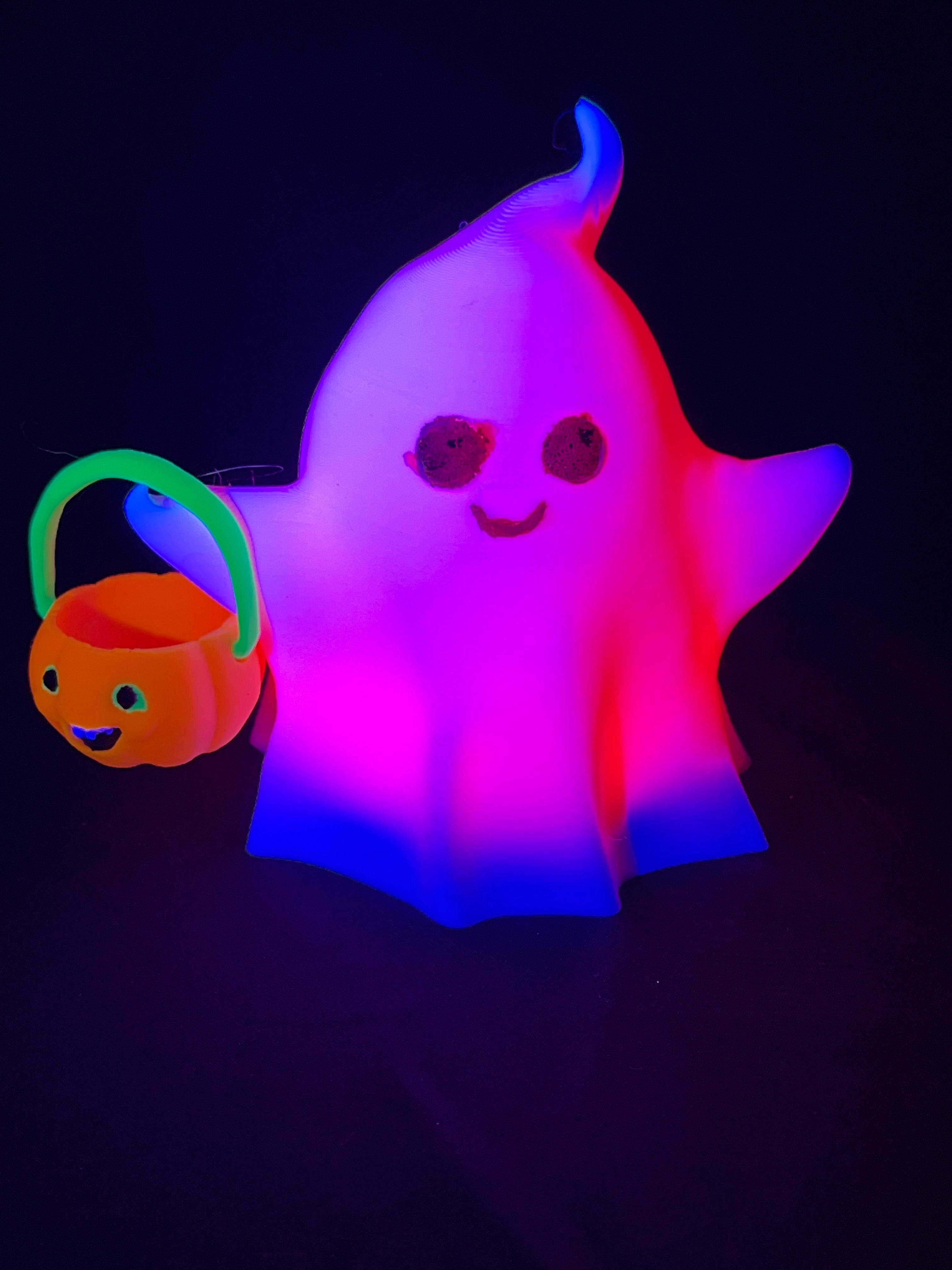 Halloween Ghost Holding a Pumpkin Basket - Polymaker Neon Orange, Neon Green, Charcoal Black and Cold White.  - 3d model