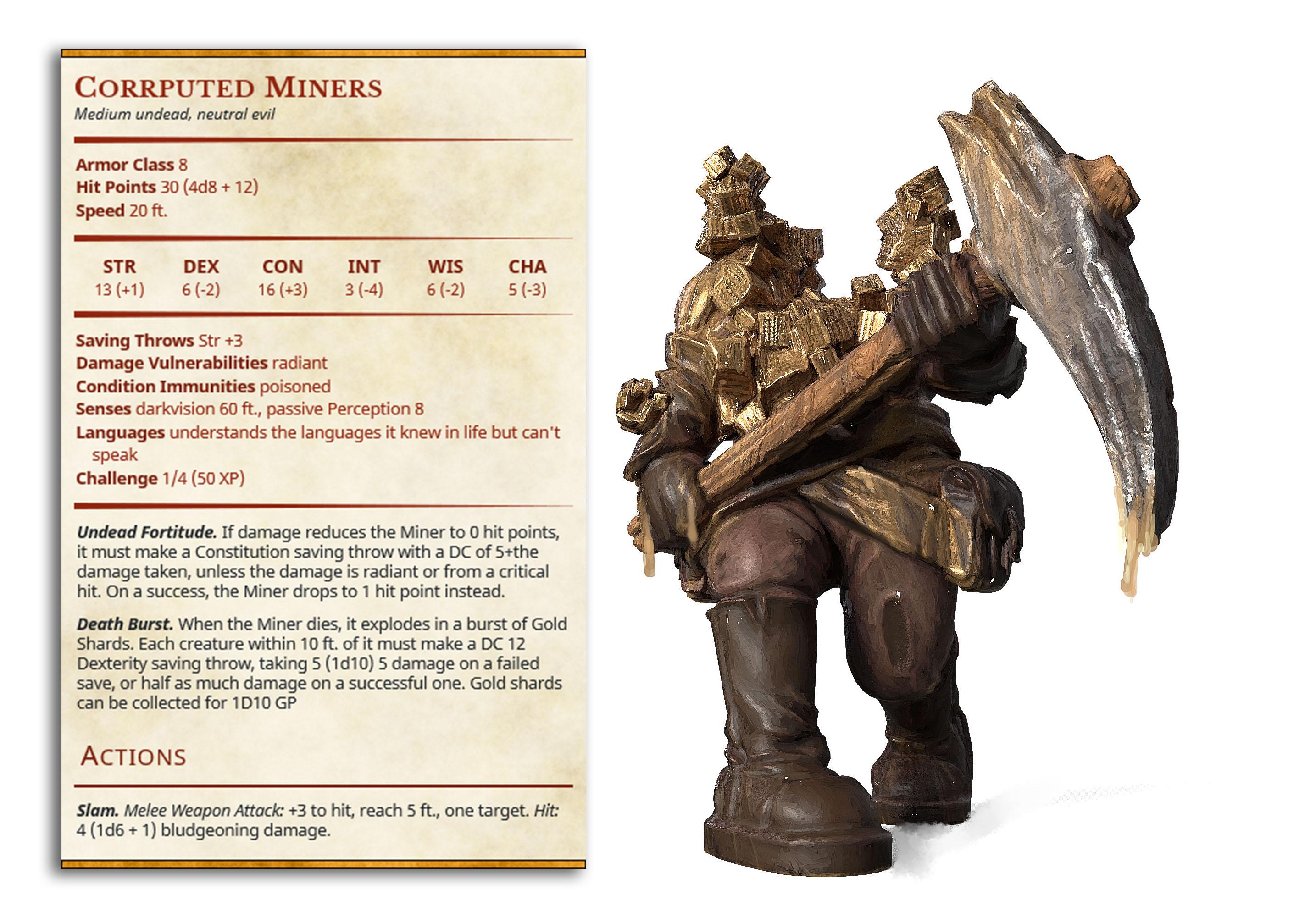 Corrupted Dwarf Miners - Flesh of Gold - PRESUPPORTED - Illustrated and Stats - 32mm scale			 3d model