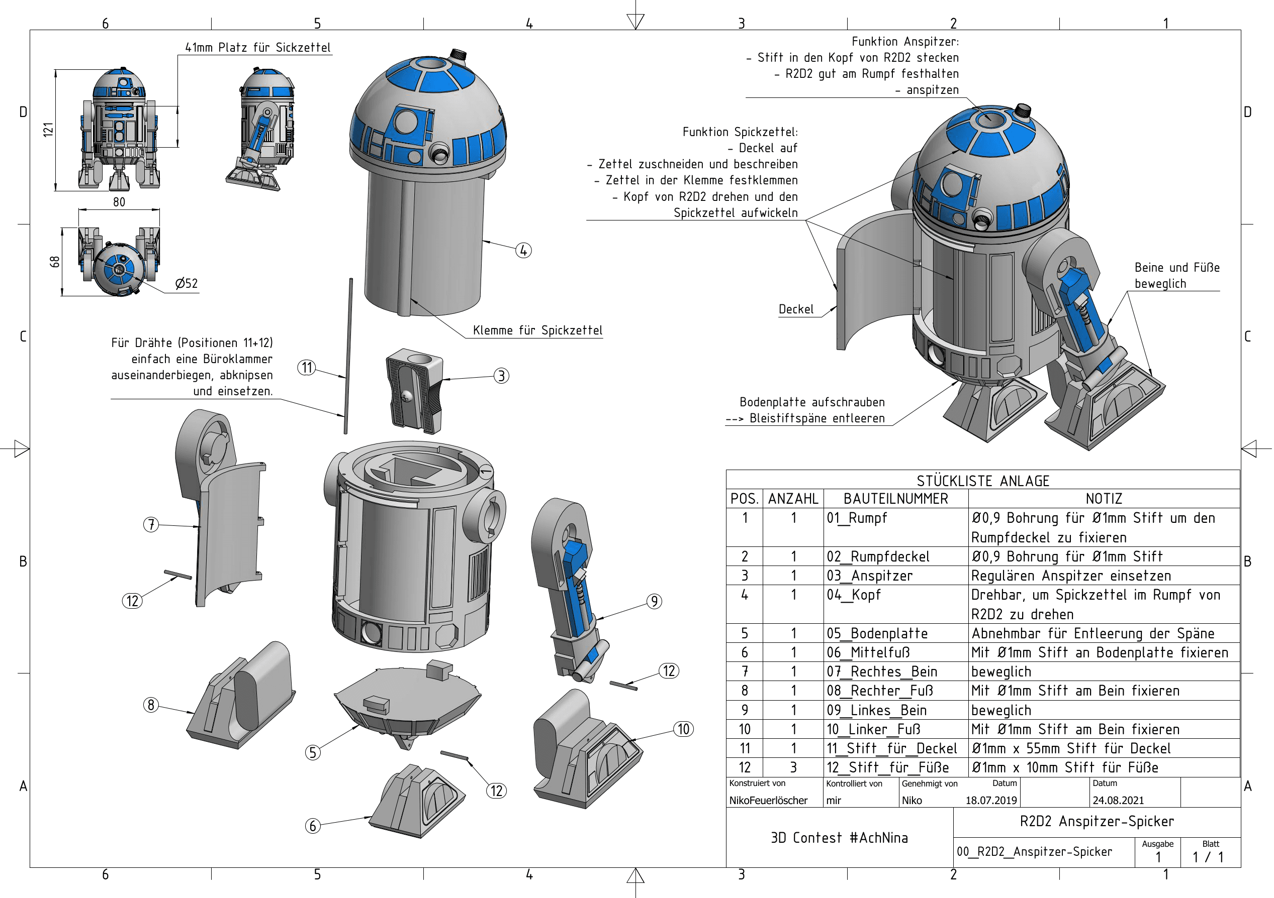 R2-D2 Anspitzer-Spicker - Zeichnung für den Zusammenbau. - 3d model