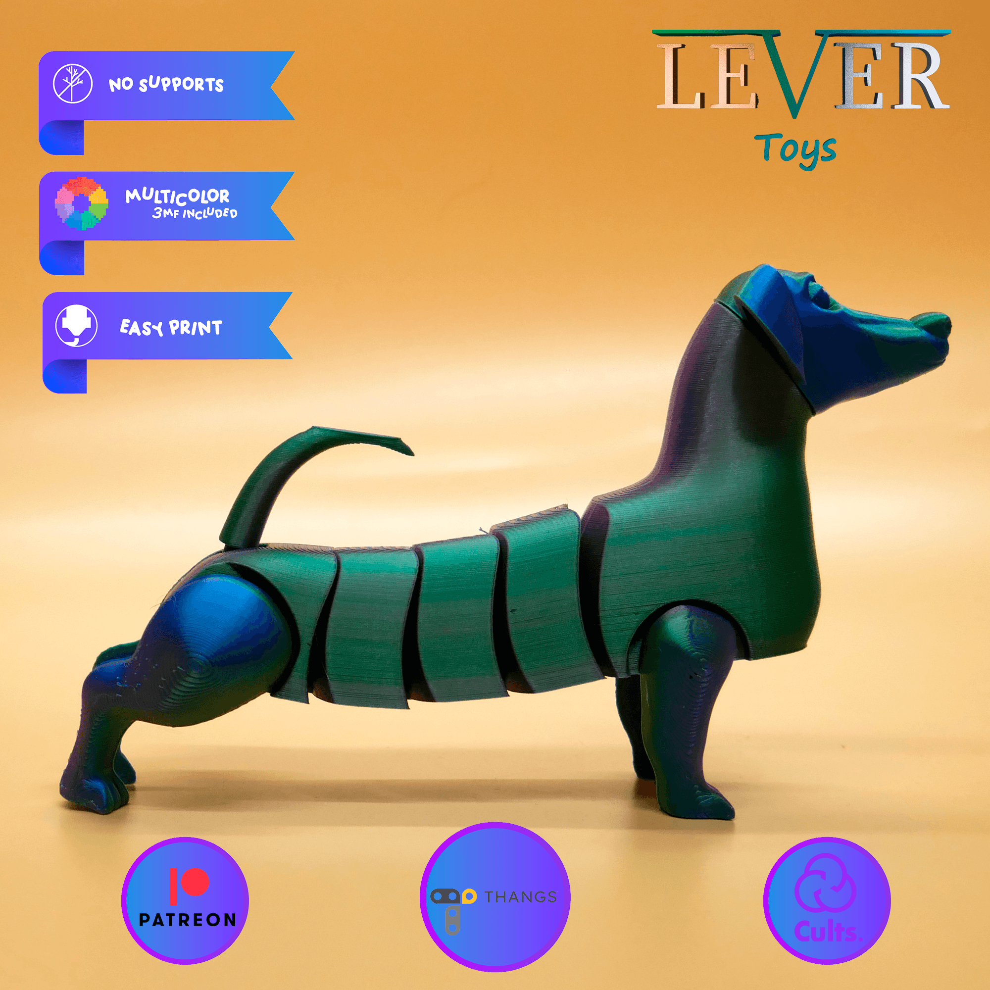 CUTE FLEXI DACHSHUND (ARTICULATED) PRINT-IN-PLACE LEVER TOYS 3d model