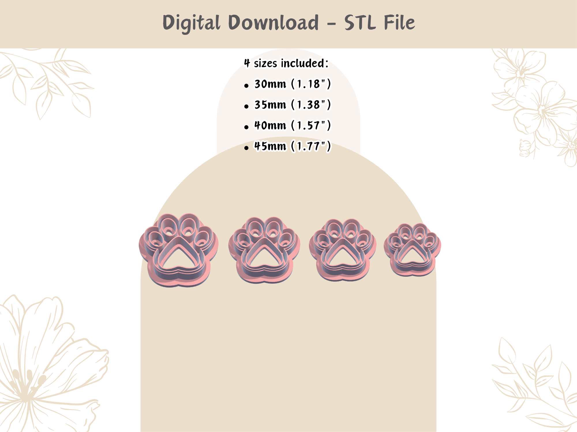 Dog Paw Clay Cutter for Polymer Clay | Digital STL File | Clay Tools | 4 Sizes Summer Clay Cutters,  3d model