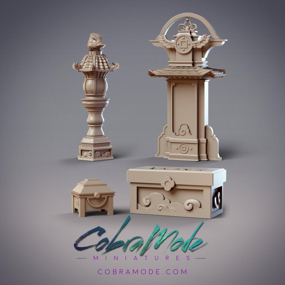 YuanYang Lamp, Chests, and Memorial Scatter Terrain Pack (4pcs) 3d model