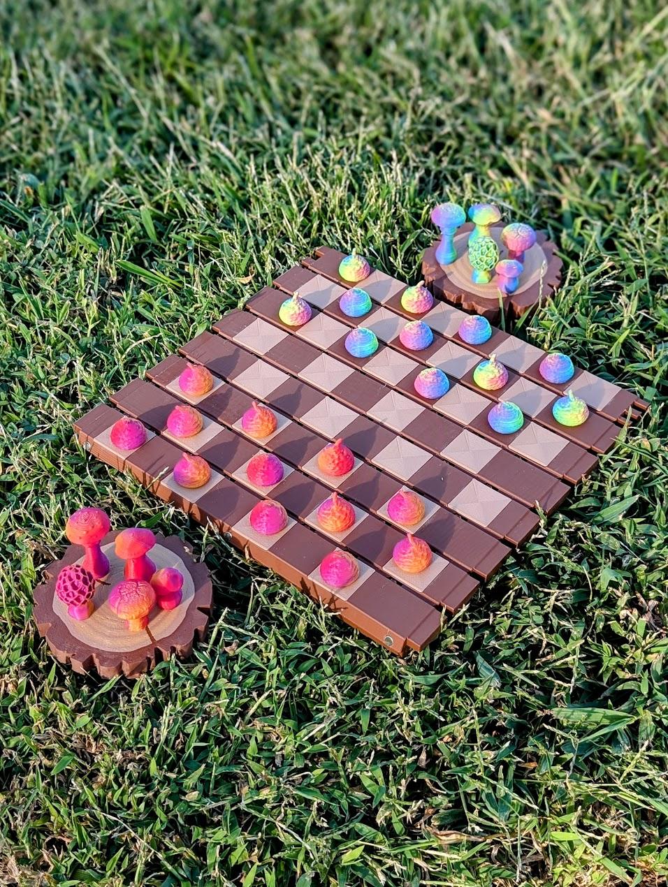 Forest Chess Set - Log and Mushroom Chess Board - Acorn Checkers - Another custom color picked chess set! I really enjoyed how the tricolor mushrooms play off each other! - 3d model