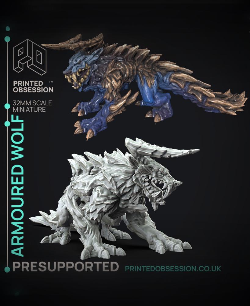 Armoured Wolf - Large Creature - Hunting Party -  PRESUPPORTED - Illustrated and Stats - 32mm scale 3d model