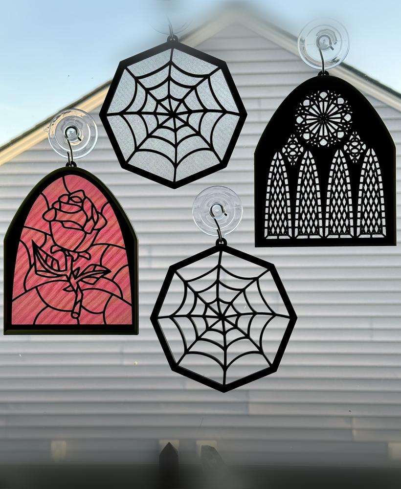 Stained Glass Rose, Cathedral, and Spiderweb Hanging Window Decorations or Ornaments 3d model