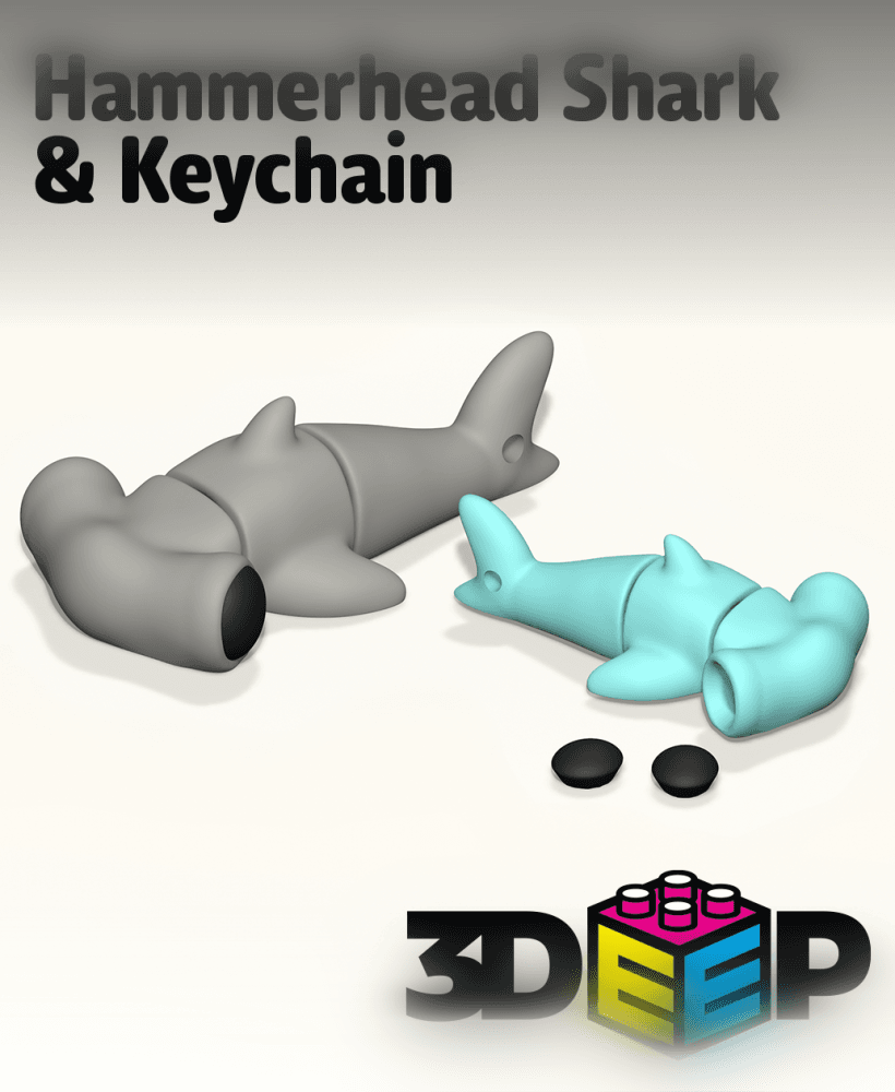 Flexi Hammerhead Shark & Keychain - Print in place No supports 3d model