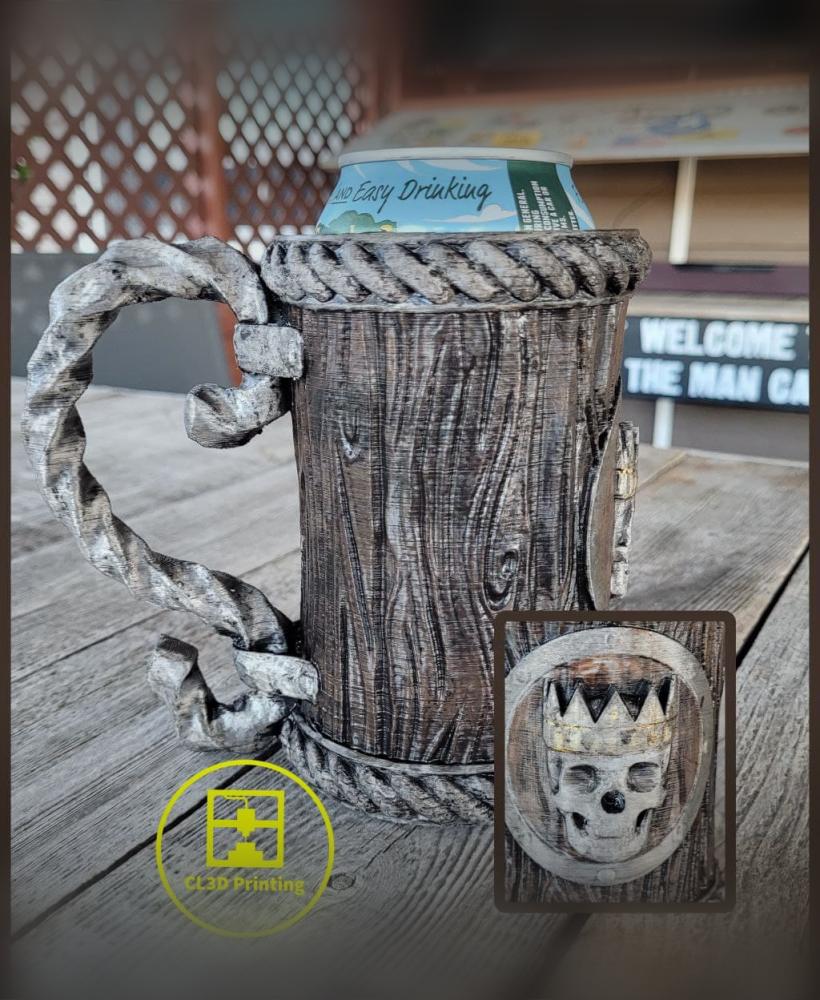 Wood Koozie with Skull Shield - Wrought Iron Handle 3d model